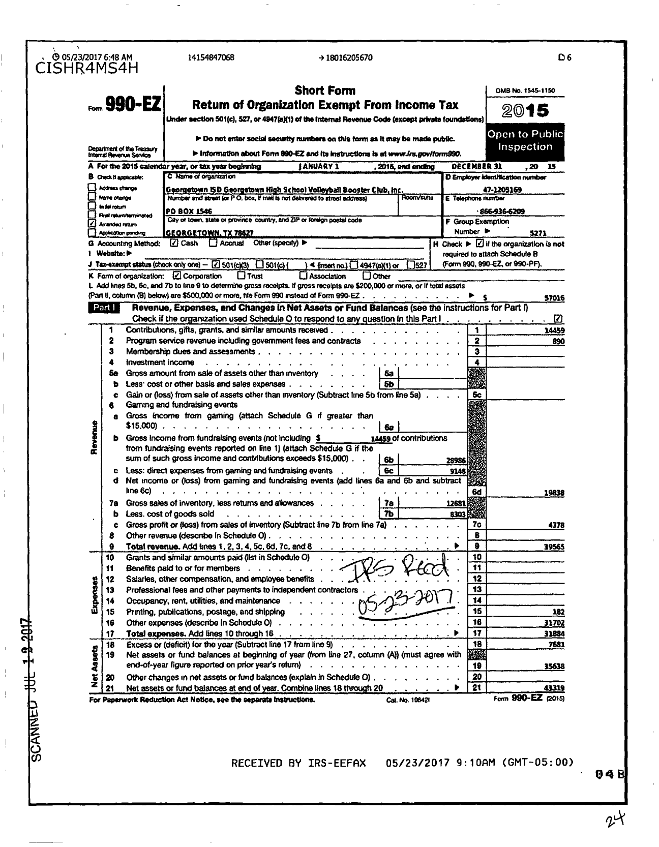 Image of first page of 2015 Form 990EZ for Georgetown ISD Georgetown High School Volleyball Booster Club