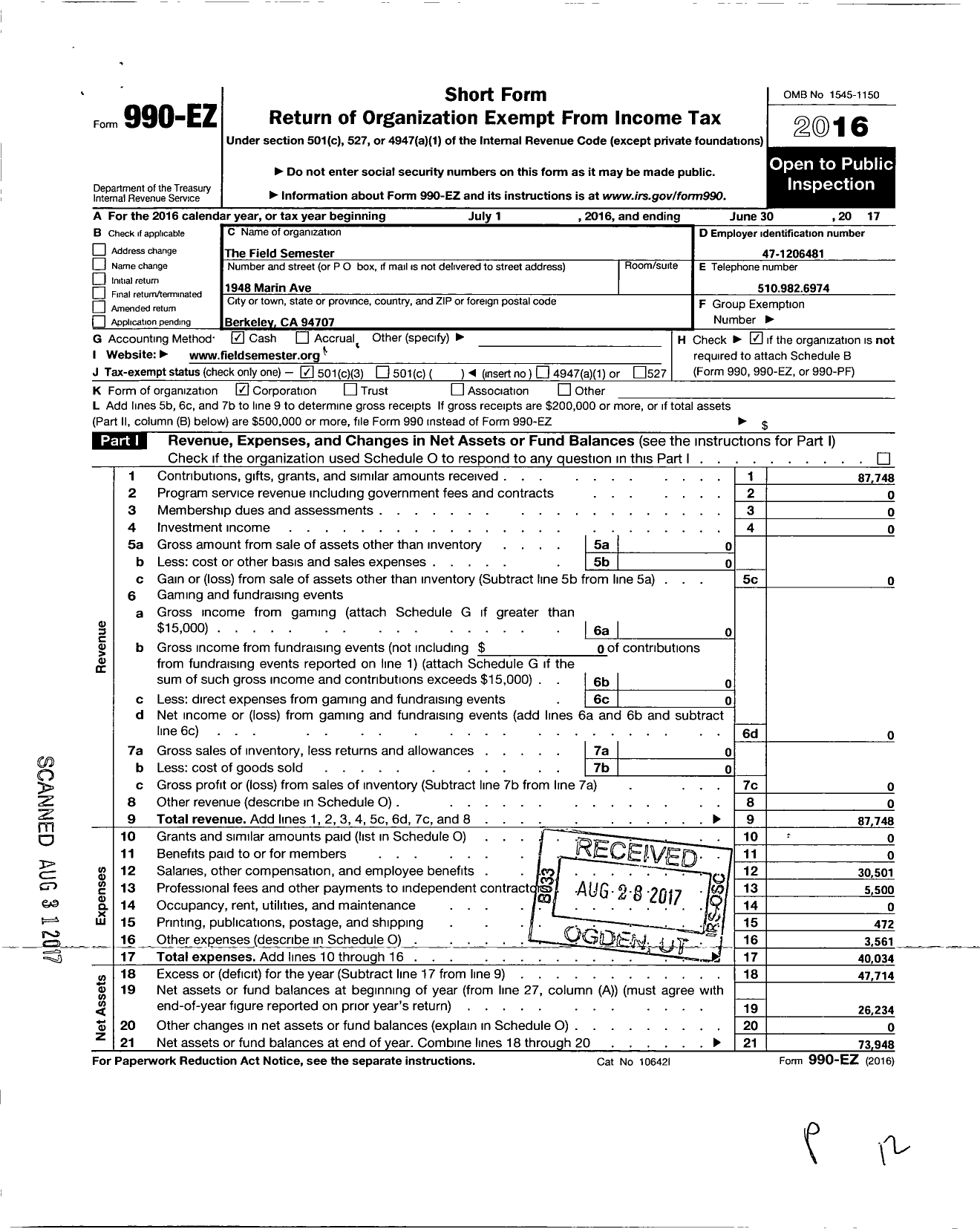 Image of first page of 2016 Form 990EZ for Field Semester