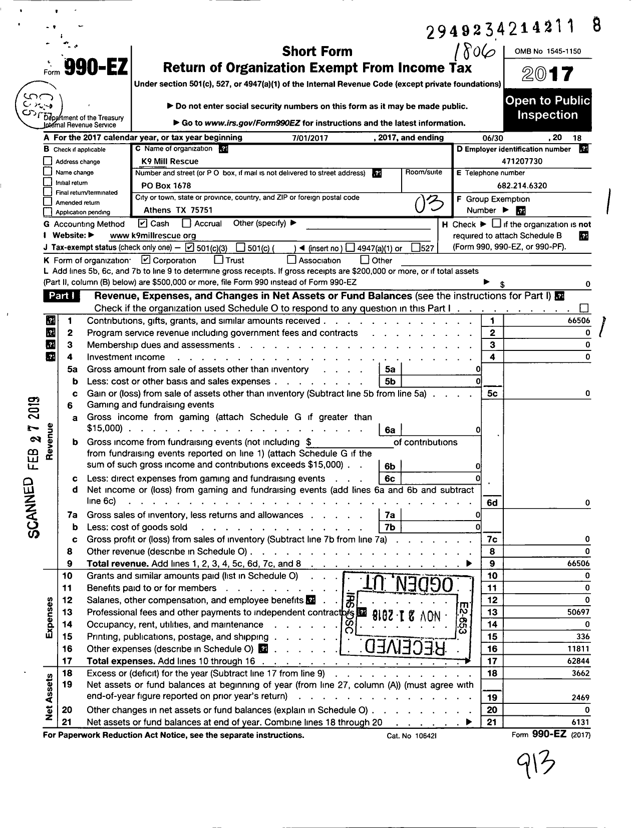 Image of first page of 2017 Form 990EZ for K9 Mill Rescue