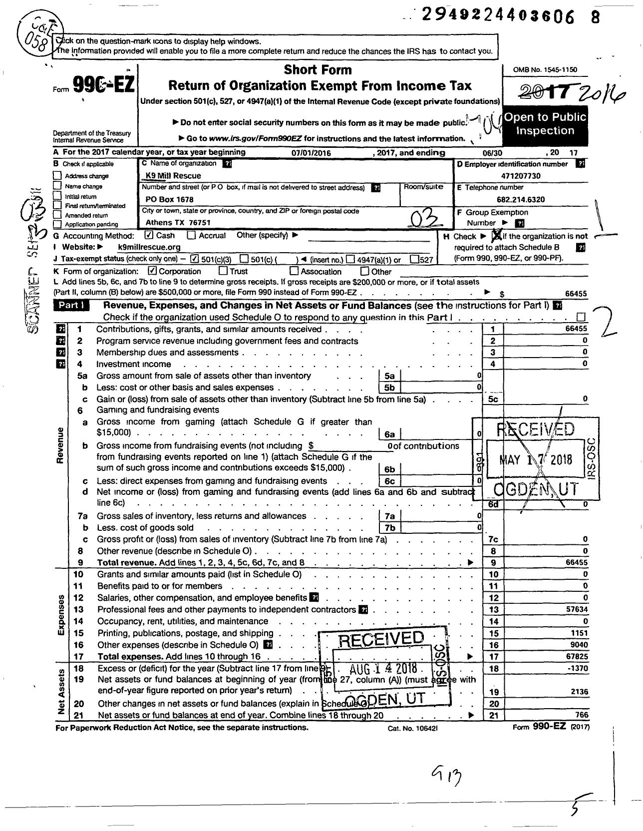 Image of first page of 2016 Form 990EZ for K9 Mill Rescue