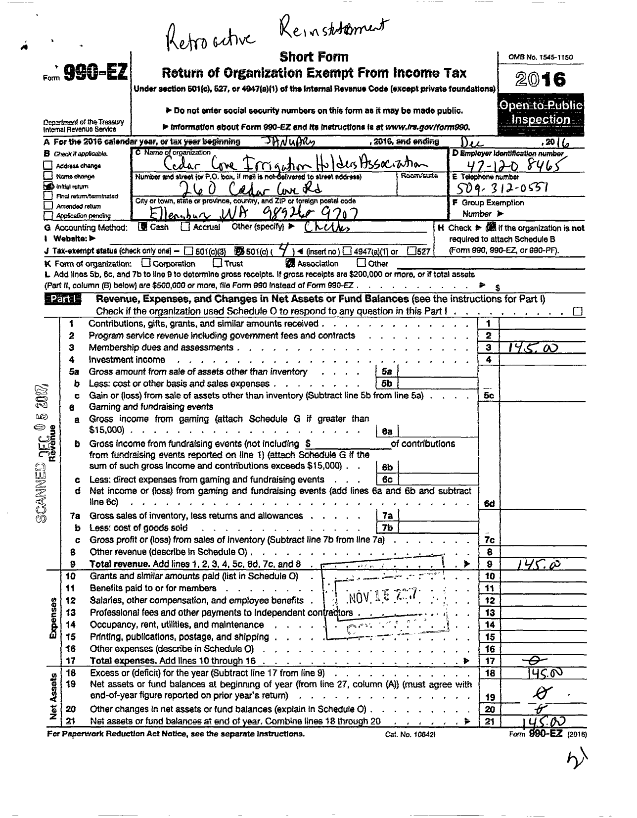 Image of first page of 2016 Form 990EO for Cedar Cove Irrigation Holders Association