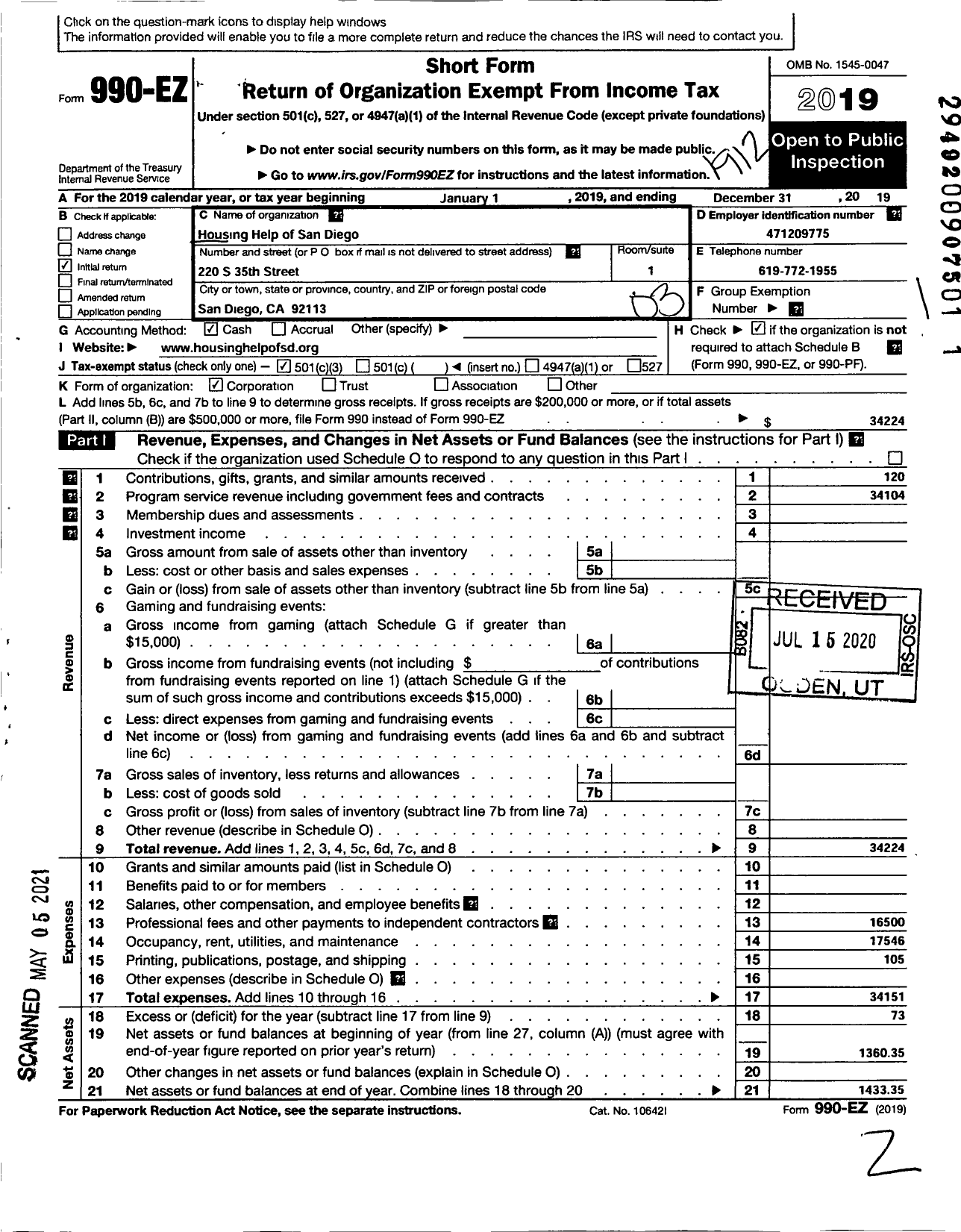 Image of first page of 2019 Form 990EZ for Housing Help of San Diego