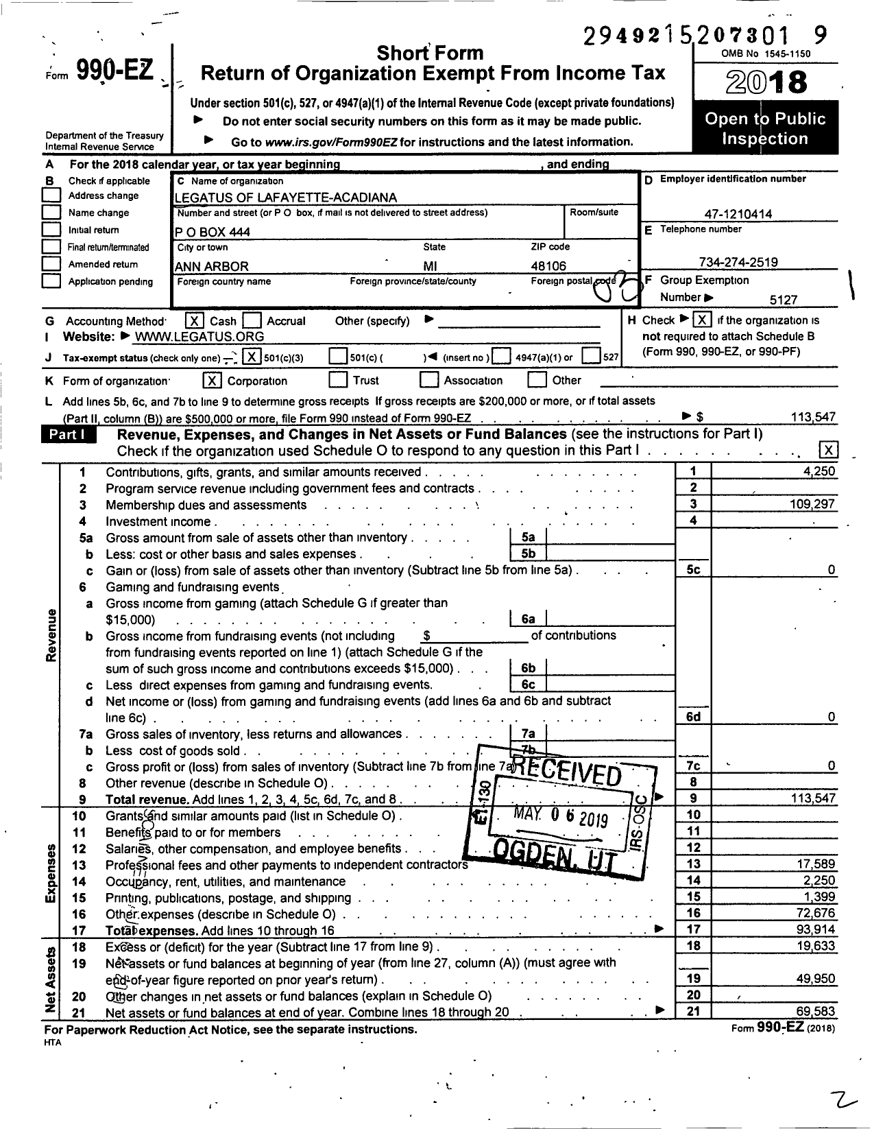 Image of first page of 2018 Form 990EZ for Legatus of Lafayette-Acadiana