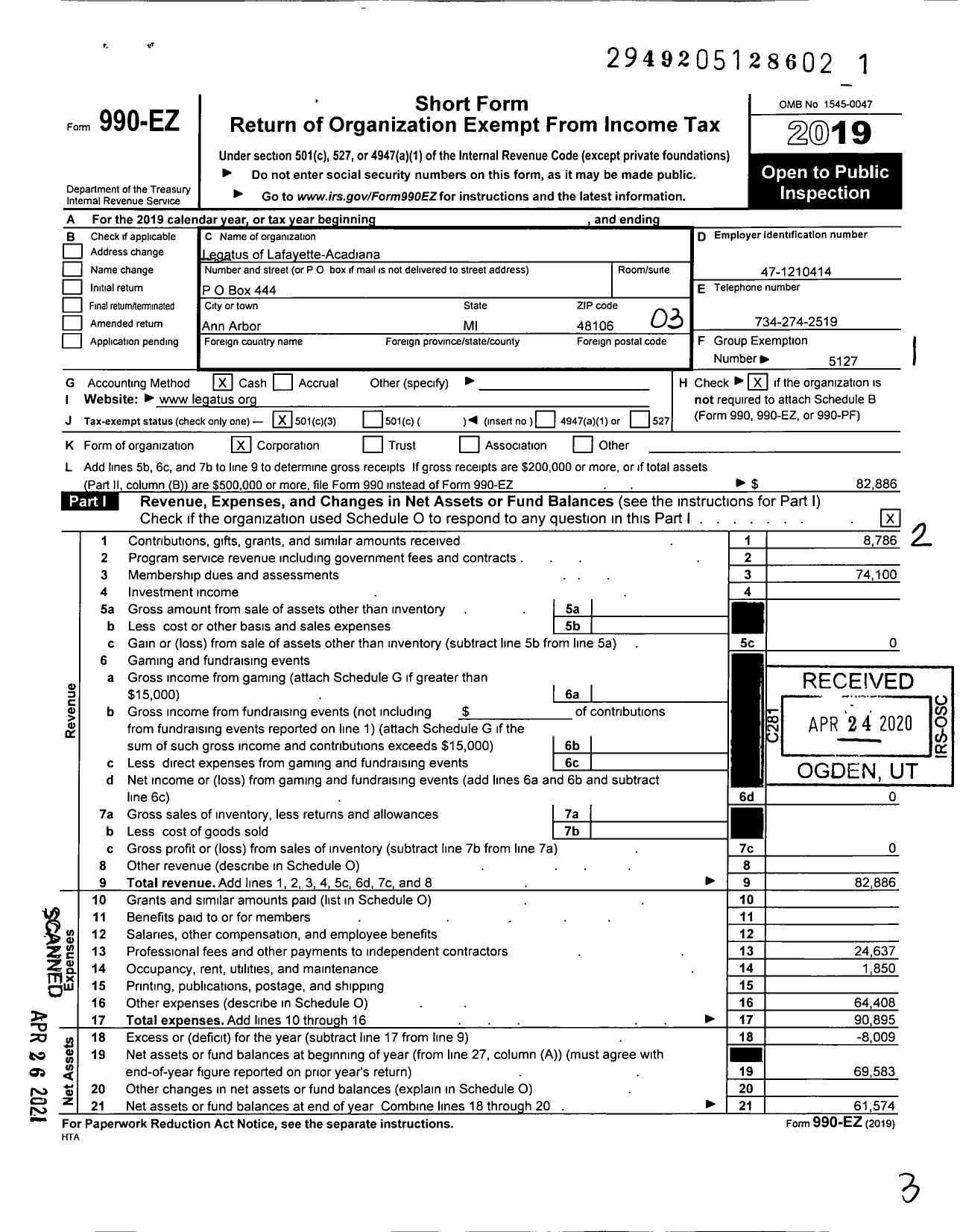 Image of first page of 2019 Form 990EZ for Legatus of Lafayette-Acadiana