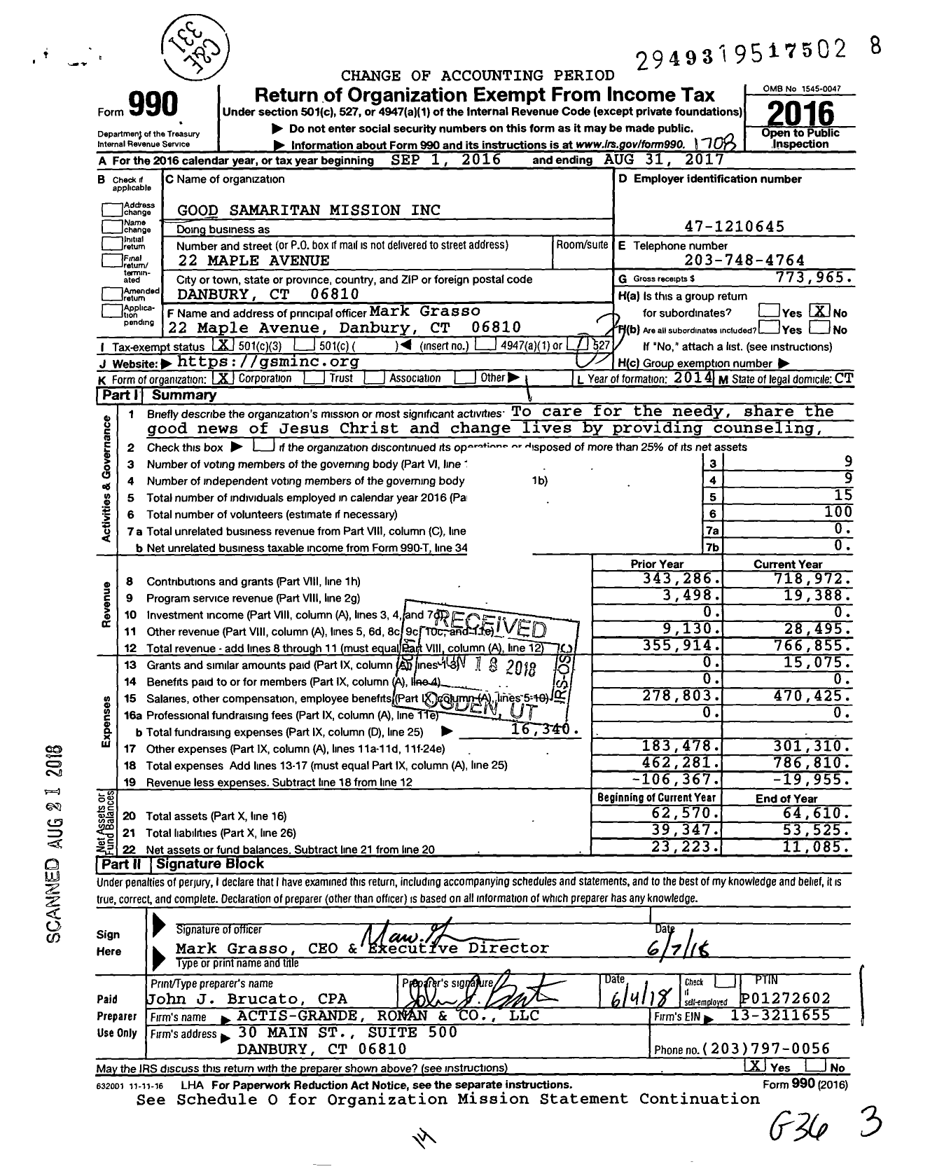 Image of first page of 2016 Form 990 for Good Samaritan Mission