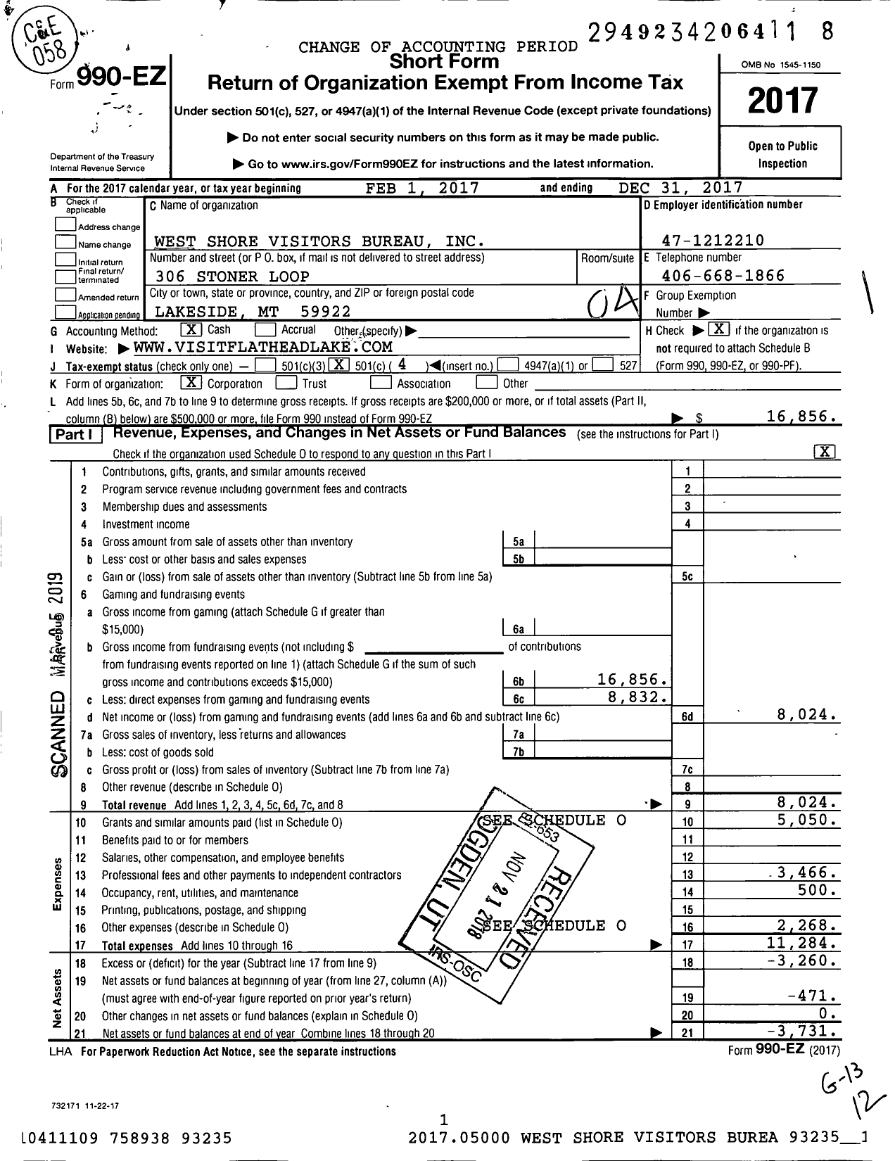 Image of first page of 2017 Form 990EO for West Shore Visitors Bureau