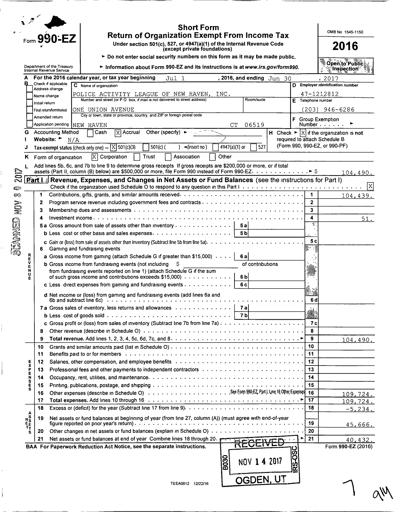 Image of first page of 2016 Form 990EZ for Police Activity League of New Haven