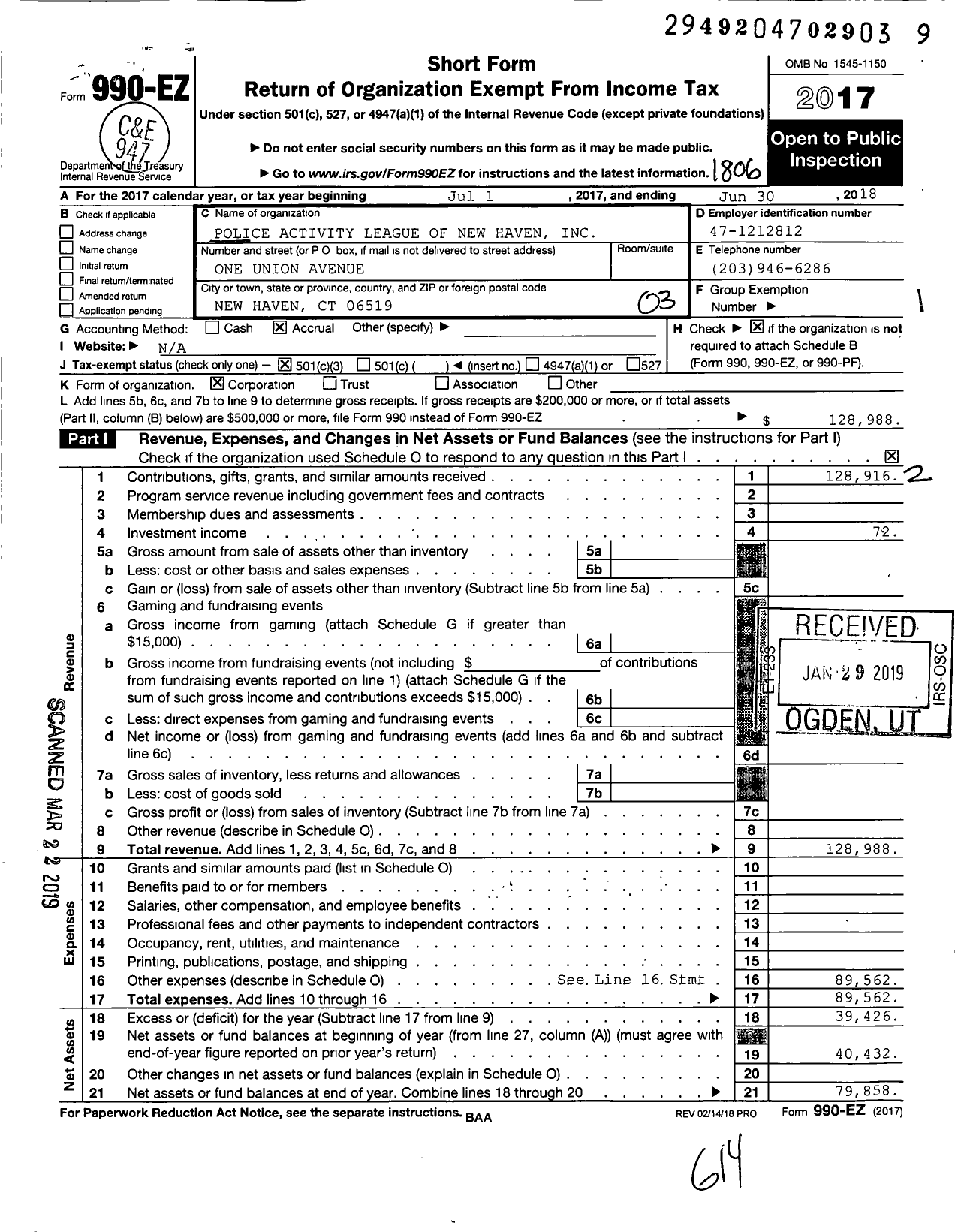 Image of first page of 2017 Form 990EZ for Police Activity League of New Haven