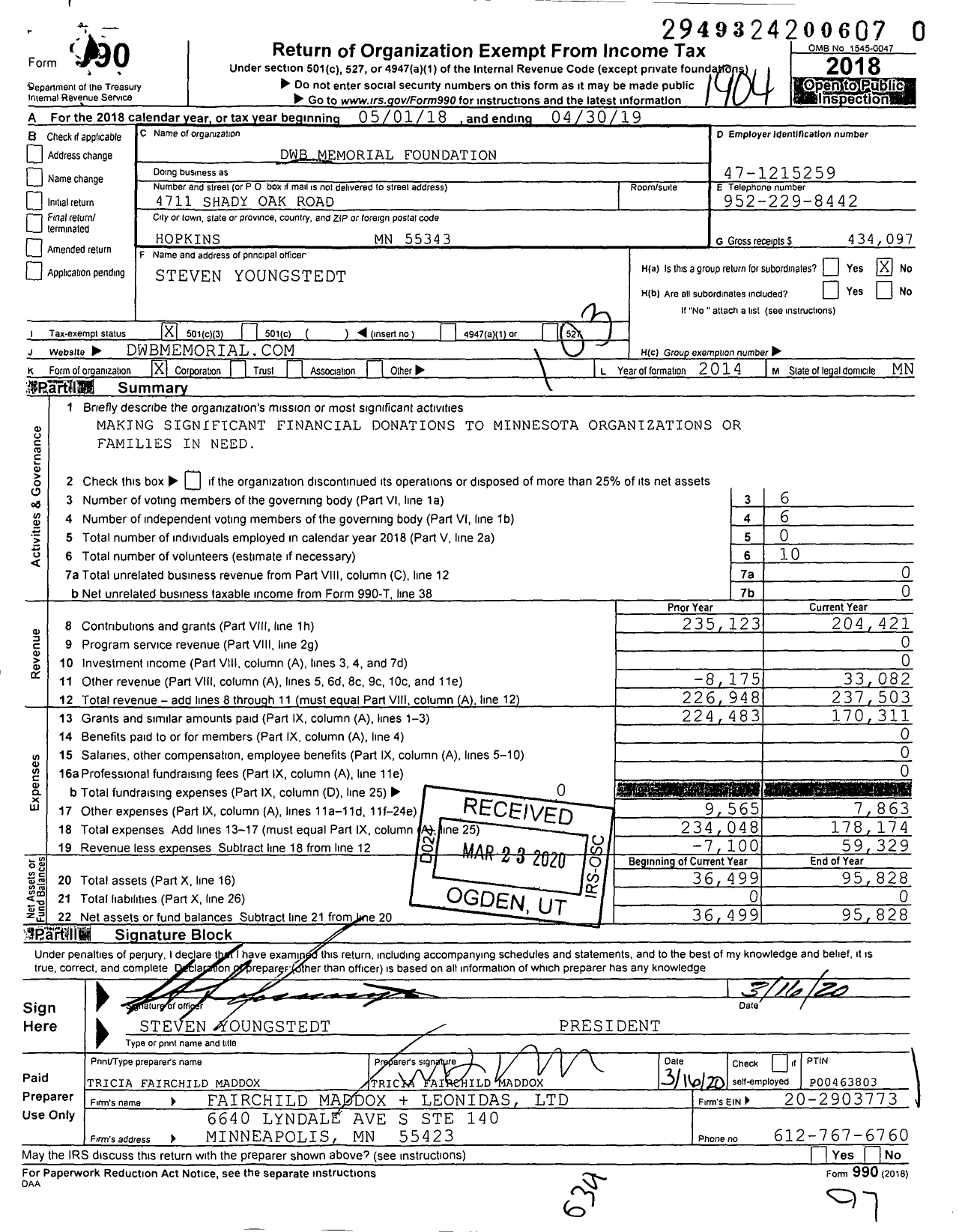 Image of first page of 2018 Form 990 for DWB Memorial Foundation