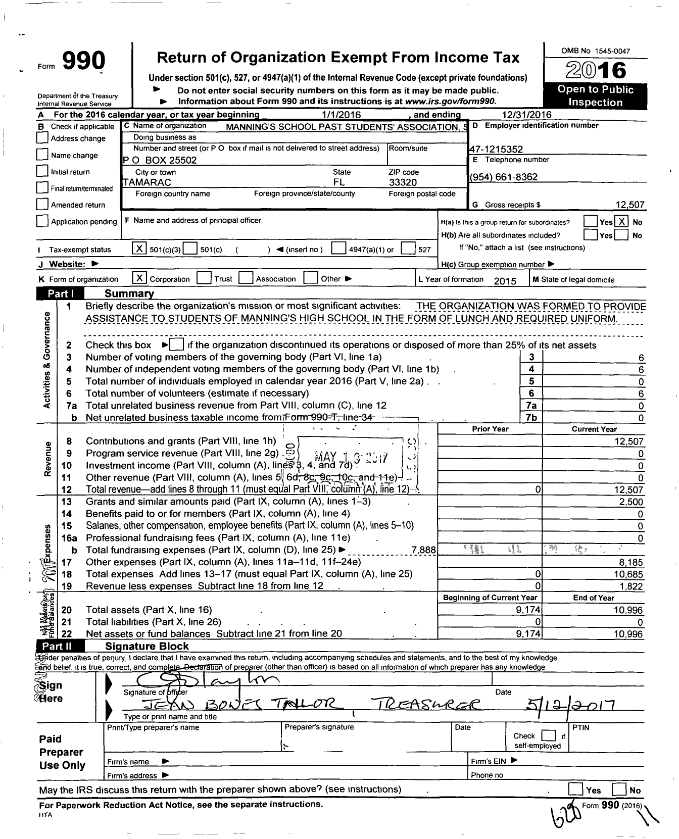 Image of first page of 2016 Form 990 for Mannings School Past Students Association-South Florida Chapter