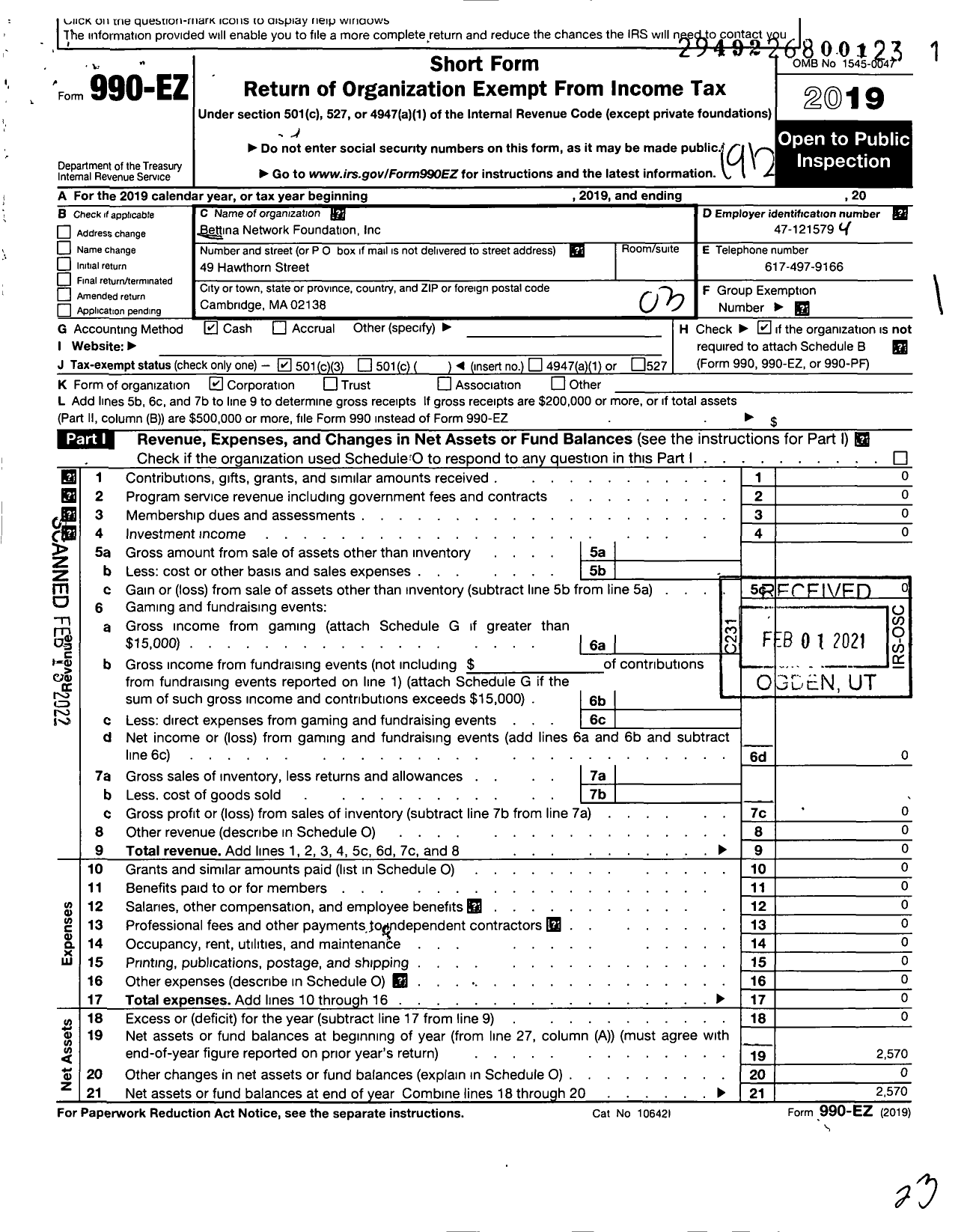 Image of first page of 2019 Form 990EZ for Bettina Network Foundation