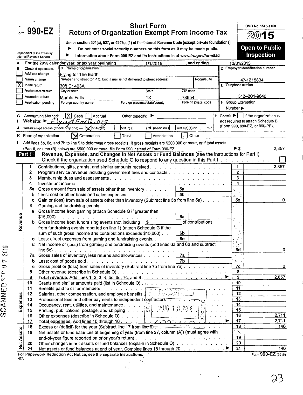 Image of first page of 2015 Form 990EZ for Flying for the Earth