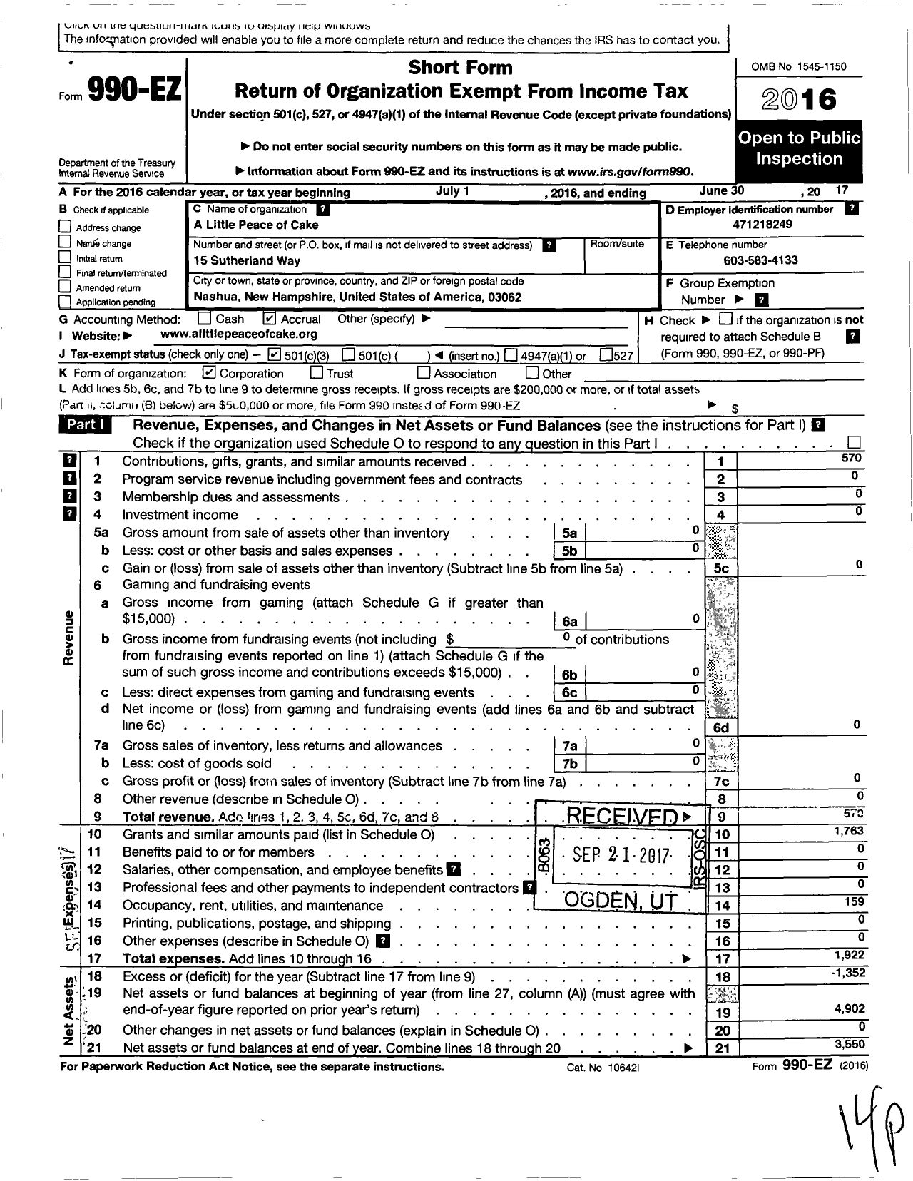 Image of first page of 2016 Form 990EZ for A Little Peace of Cake