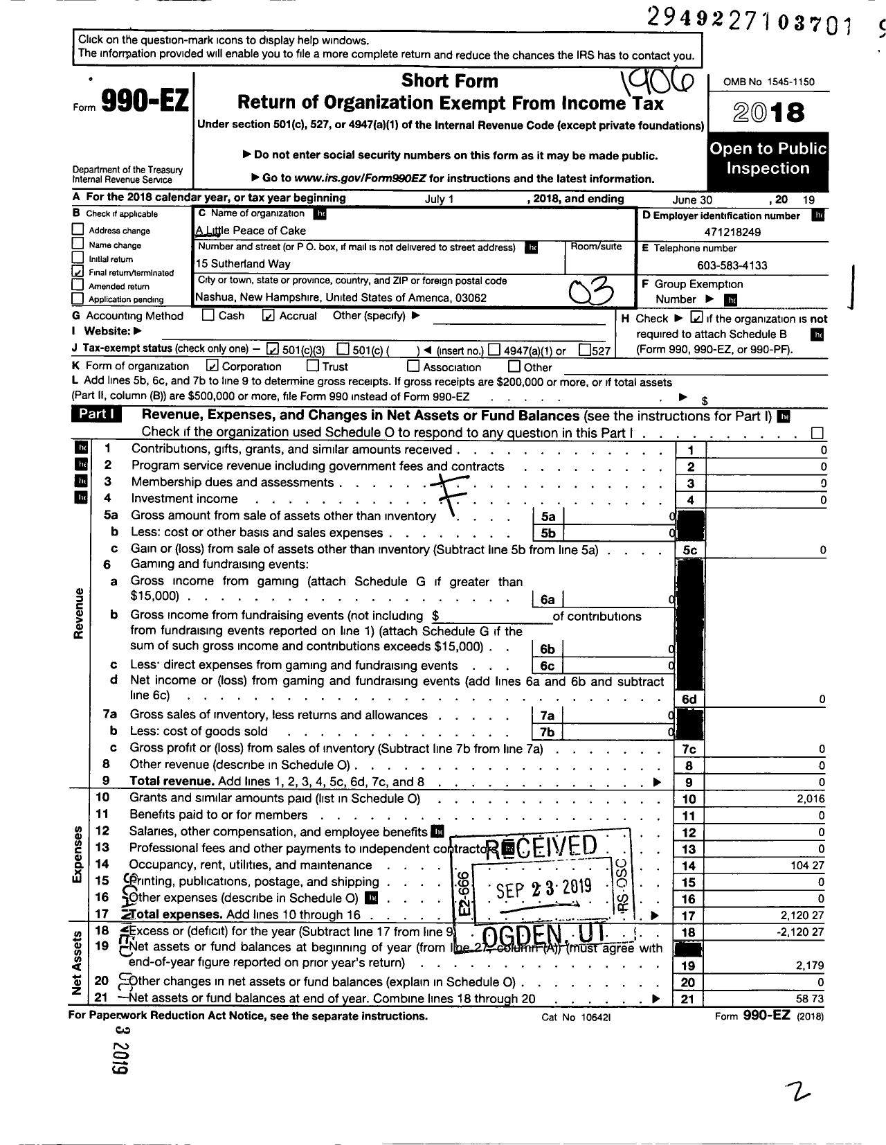 Image of first page of 2018 Form 990EZ for A Little Peace of Cake