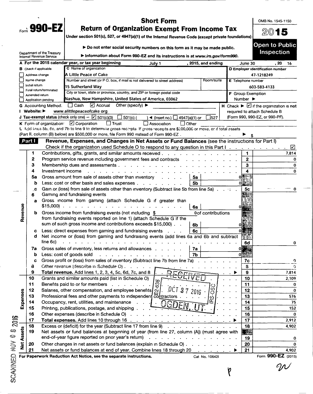 Image of first page of 2015 Form 990EZ for A Little Peace of Cake