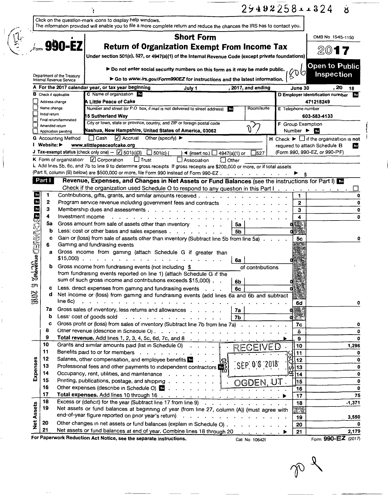 Image of first page of 2017 Form 990EZ for A Little Peace of Cake