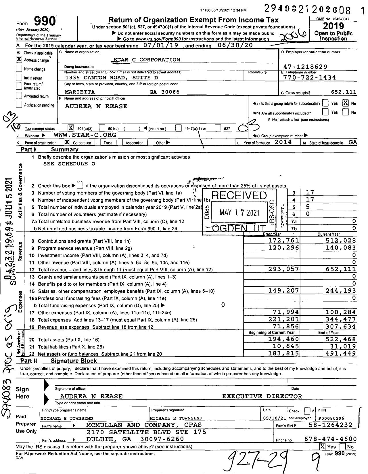 Image of first page of 2019 Form 990 for Star C Corporation