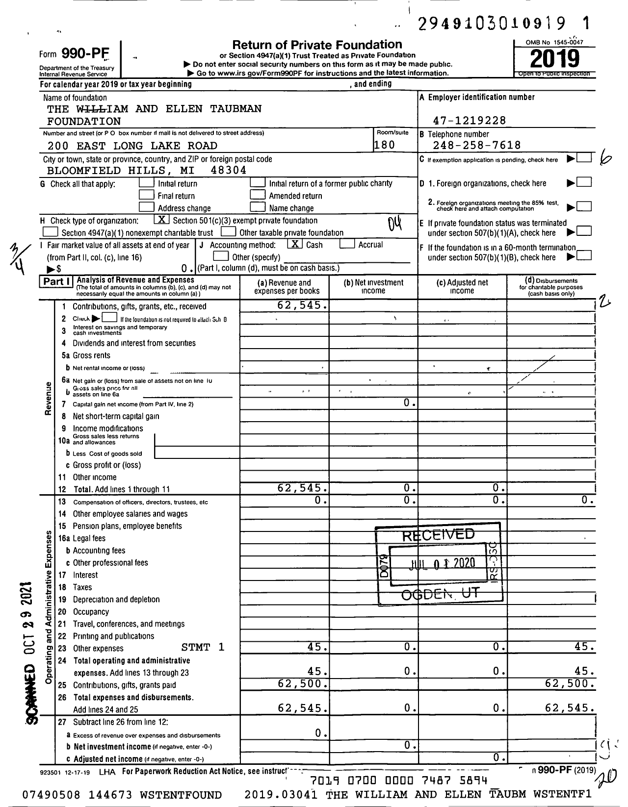 Image of first page of 2019 Form 990PF for The William and Ellen Taubman Foundation