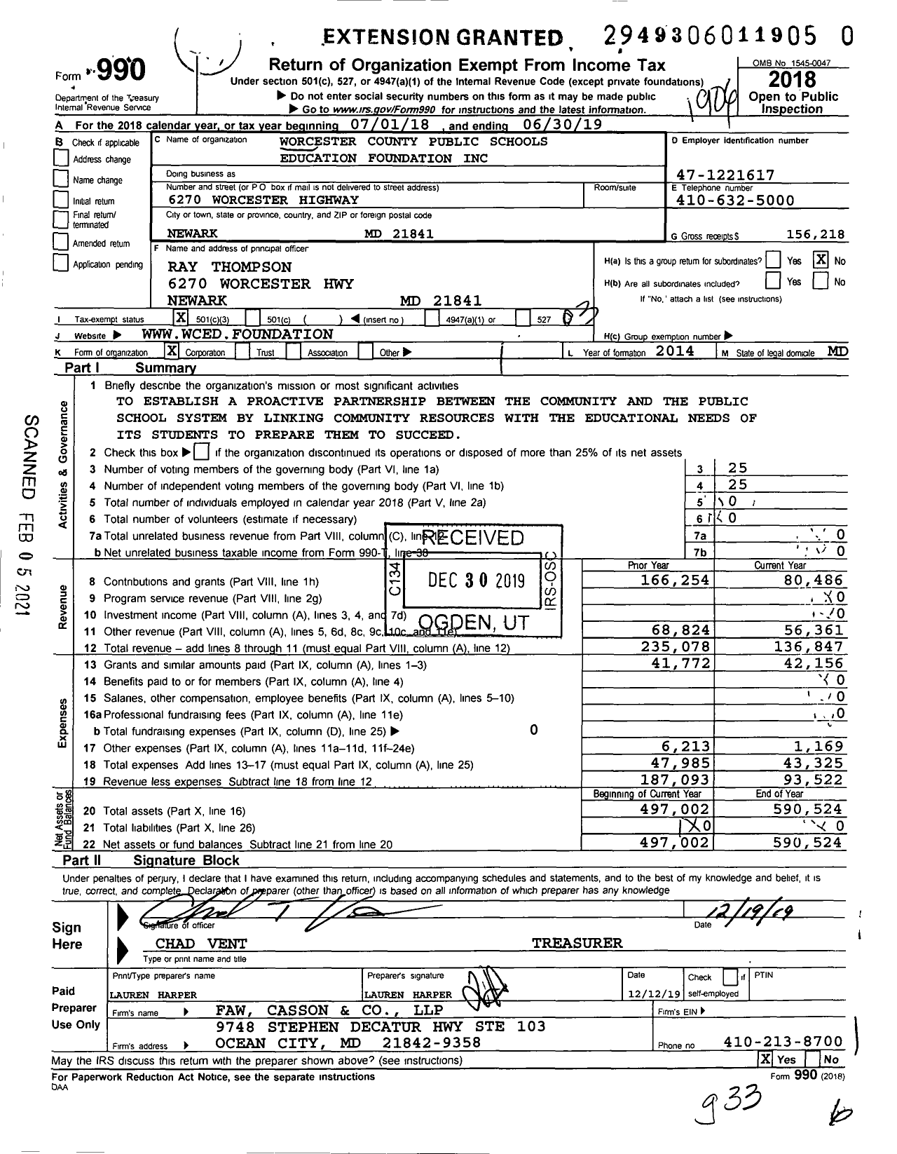 Image of first page of 2018 Form 990 for Worcester County Public Schools Education Fund