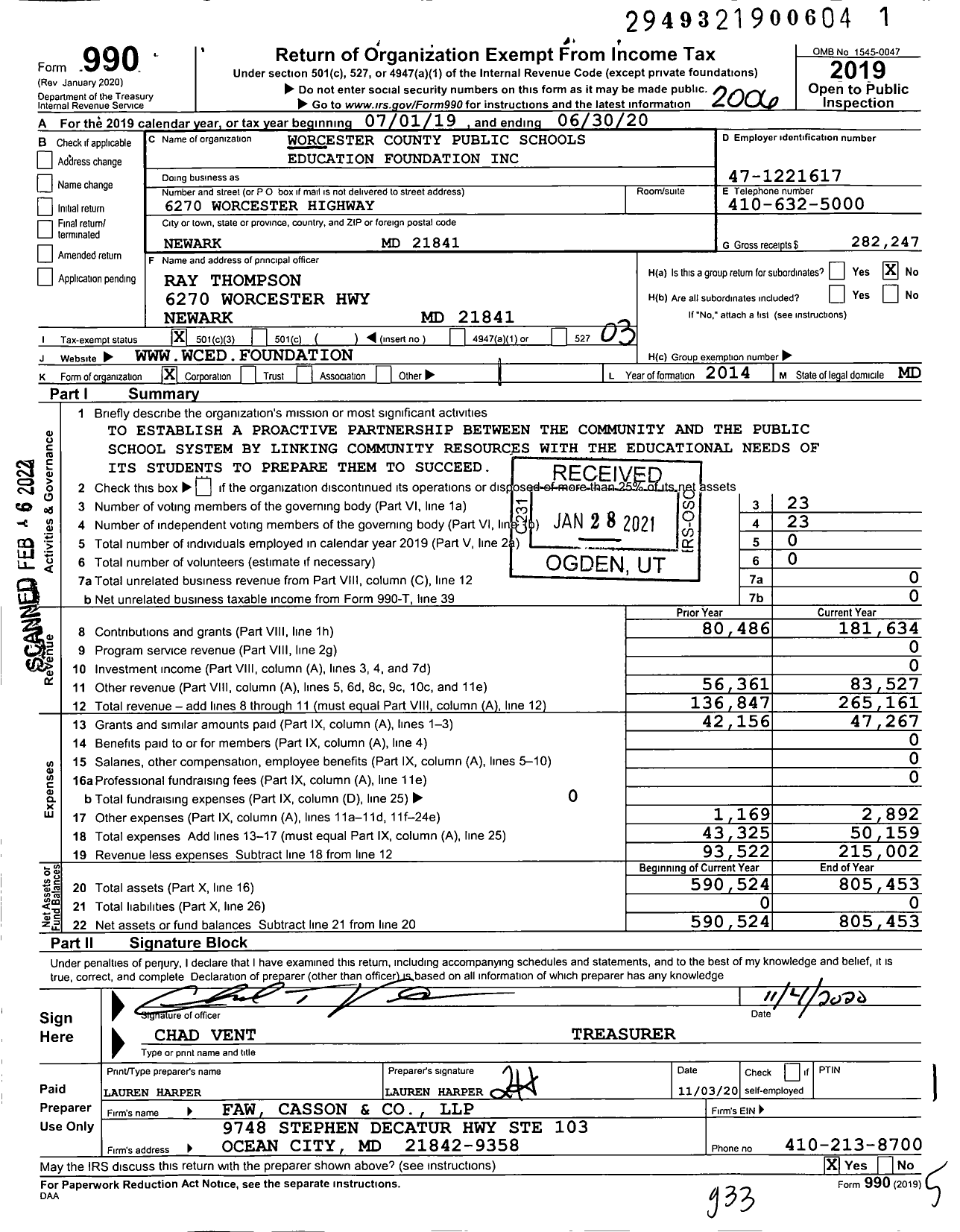 Image of first page of 2019 Form 990 for Worcester County Public Schools Education Fund