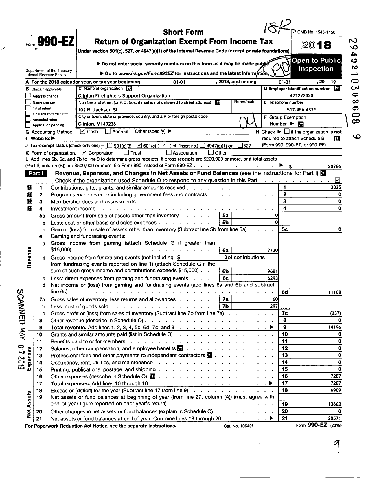 Image of first page of 2018 Form 990EO for Clinton Firefighters Support Organization