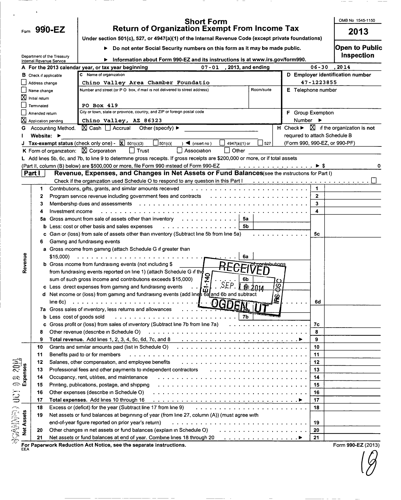 Image of first page of 2013 Form 990EZ for Chino Valley Area Chamber Foundation