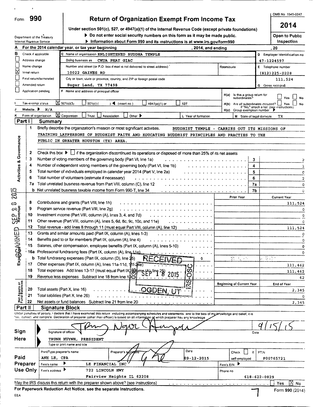 Image of first page of 2014 Form 990 for Chua Phat Giac