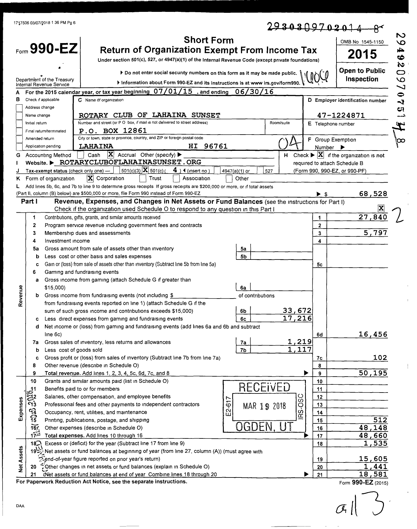 Image of first page of 2015 Form 990EO for Rotary International - Lahaina Sunset Rotary Club