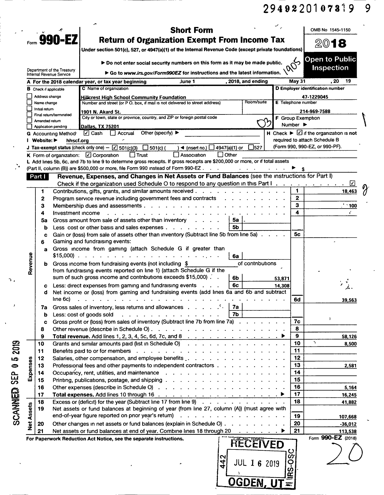 Image of first page of 2018 Form 990EZ for Hillcrest High School Community Foundation