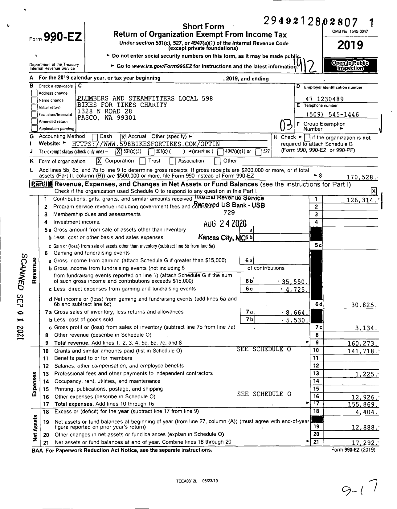 Image of first page of 2019 Form 990EZ for Plumbers and Steamfitters Local 598 Bikes for Tikes Charity