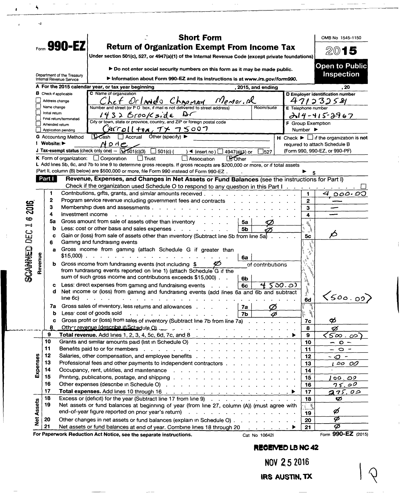 Image of first page of 2015 Form 990EZ for Chef Orlando Chapman Memorial Schol