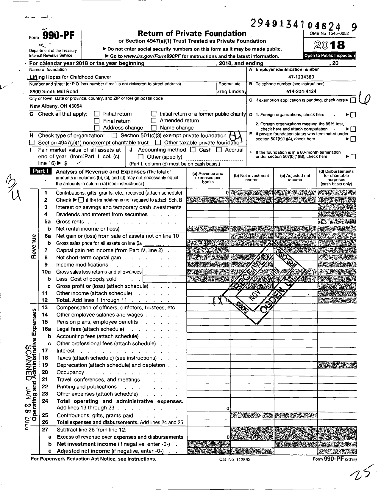 Image of first page of 2018 Form 990PF for Lifting Hopes for Childhood Cancer