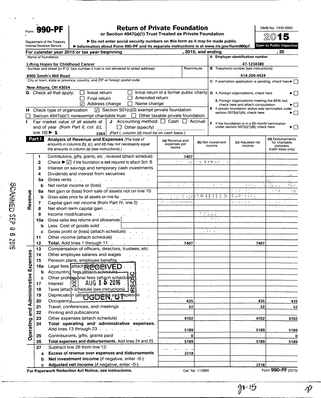 Image of first page of 2015 Form 990PF for Lifting Hopes for Childhood Cancer