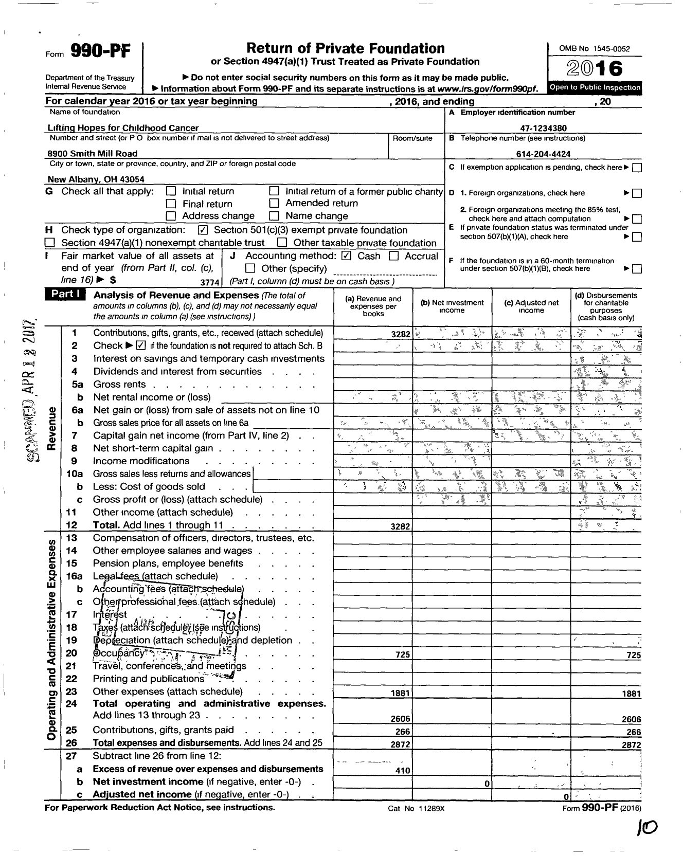 Image of first page of 2016 Form 990PF for Lifting Hopes for Childhood Cancer