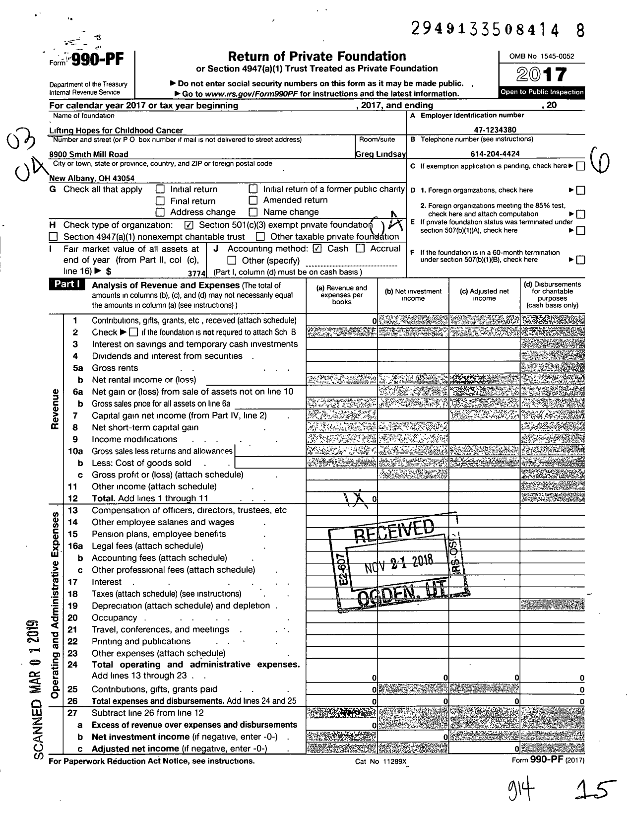 Image of first page of 2017 Form 990PF for Lifting Hopes for Childhood Cancer