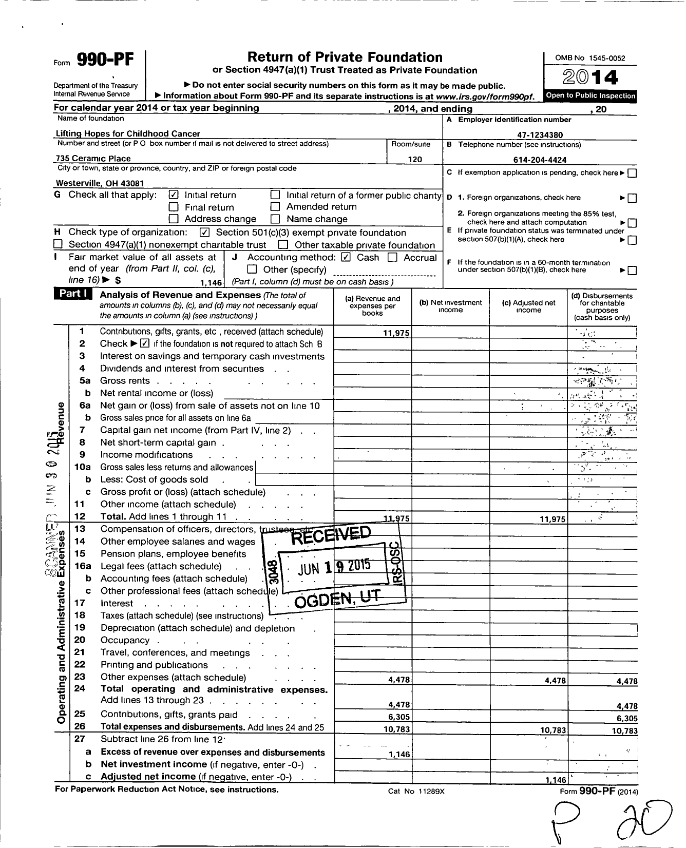 Image of first page of 2014 Form 990PF for Lifting Hopes for Childhood Cancer