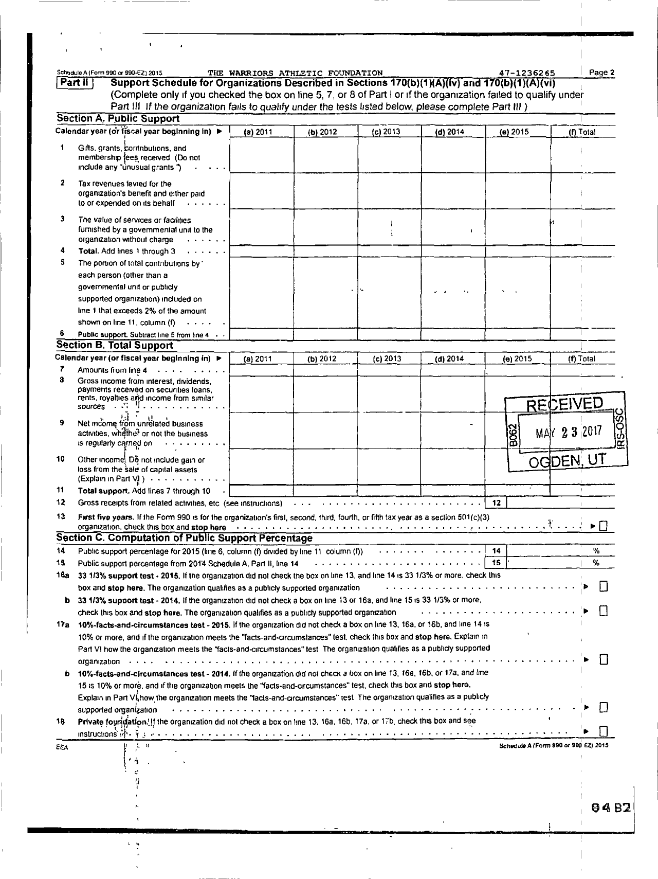 Image of first page of 2015 Form 990ER for The Warriors Athletic Foundation
