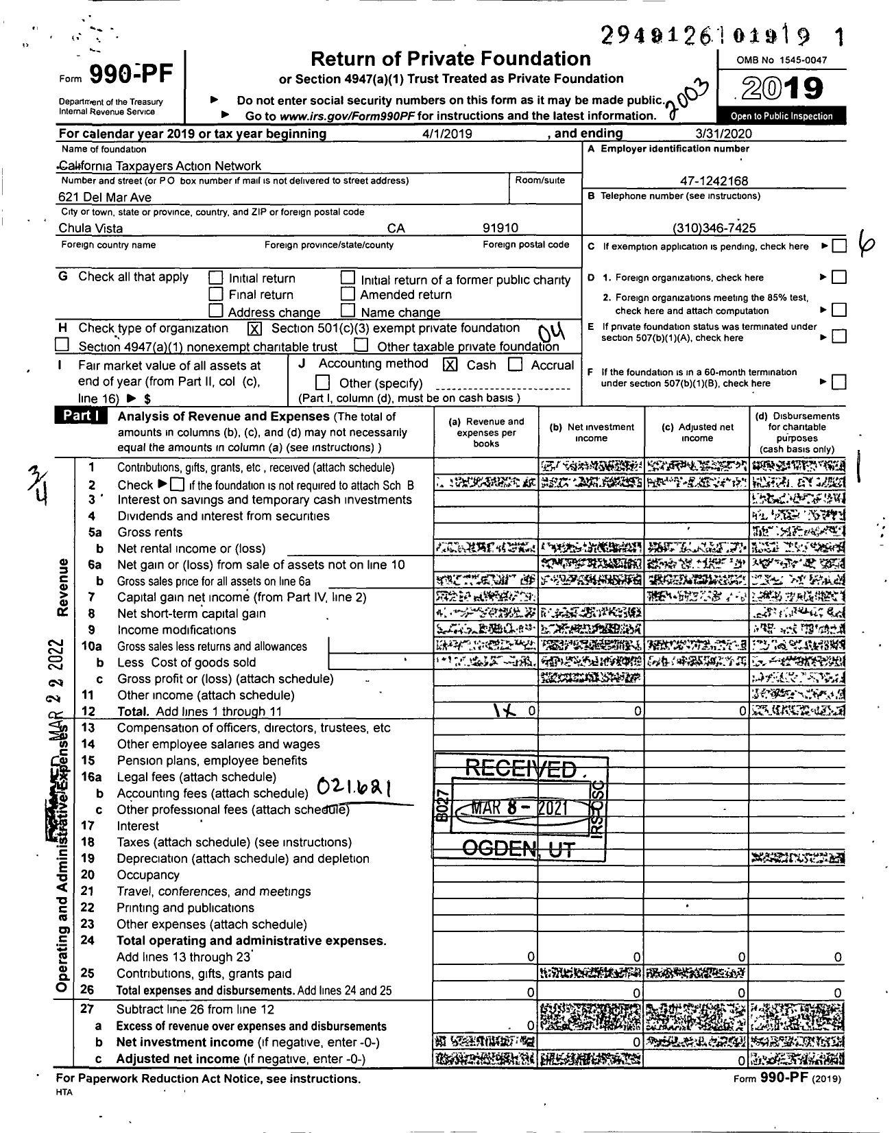 Image of first page of 2019 Form 990PF for California Taxpayers Action Network