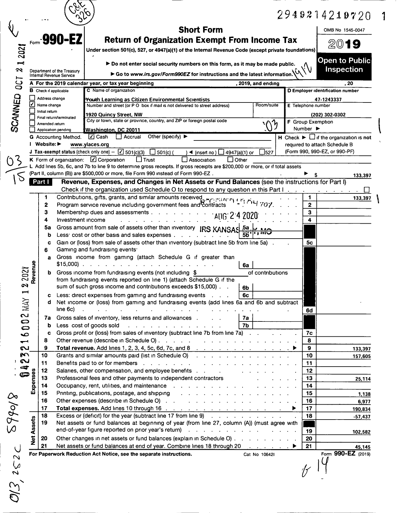 Image of first page of 2019 Form 990EZ for Youth Learning As Citizen Environmental Scientists