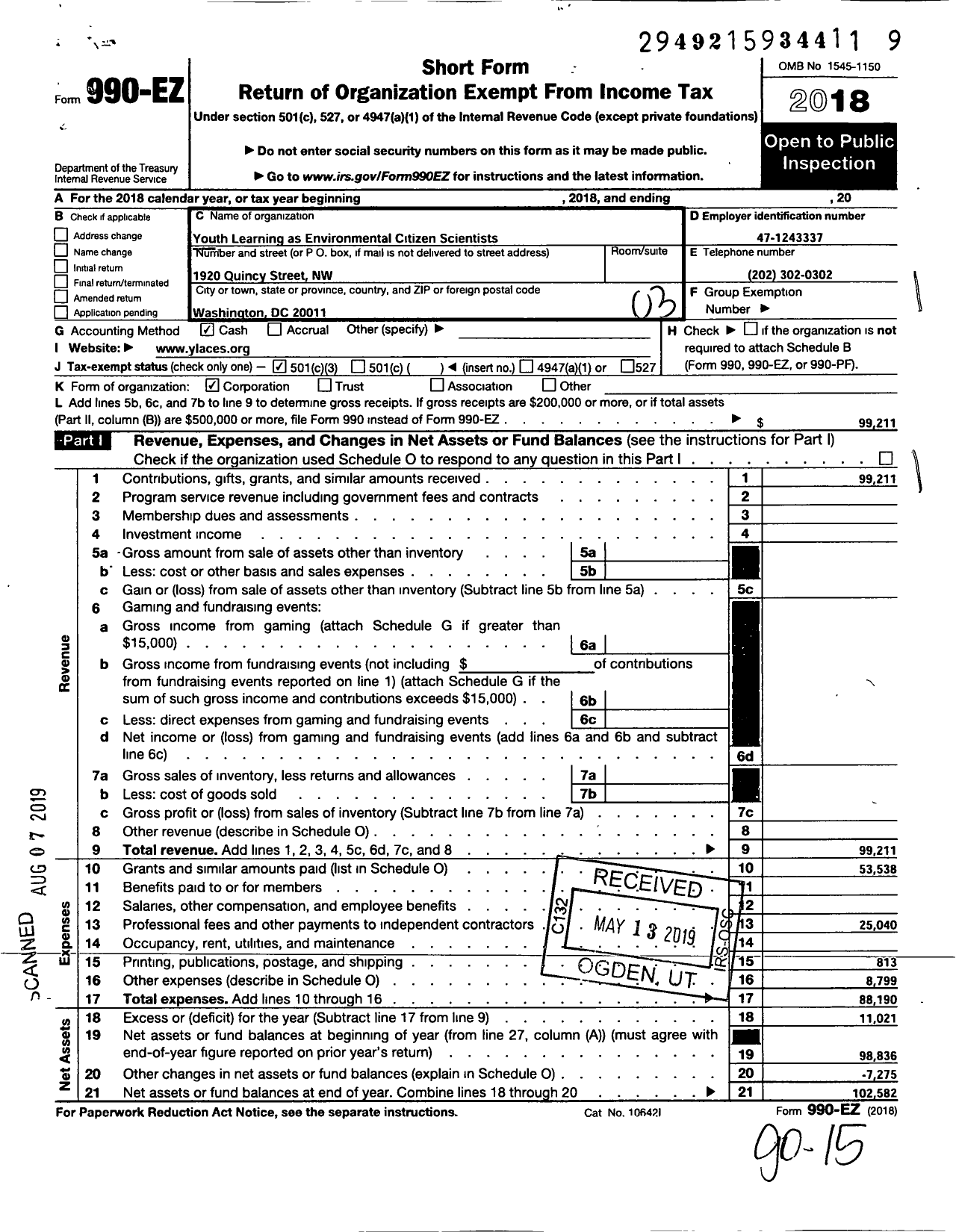 Image of first page of 2018 Form 990EZ for Youth Learning As Citizen Environmental Scientists