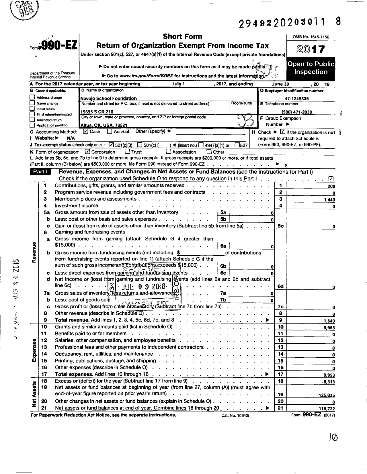 Image of first page of 2017 Form 990EZ for Navajo School Foundation