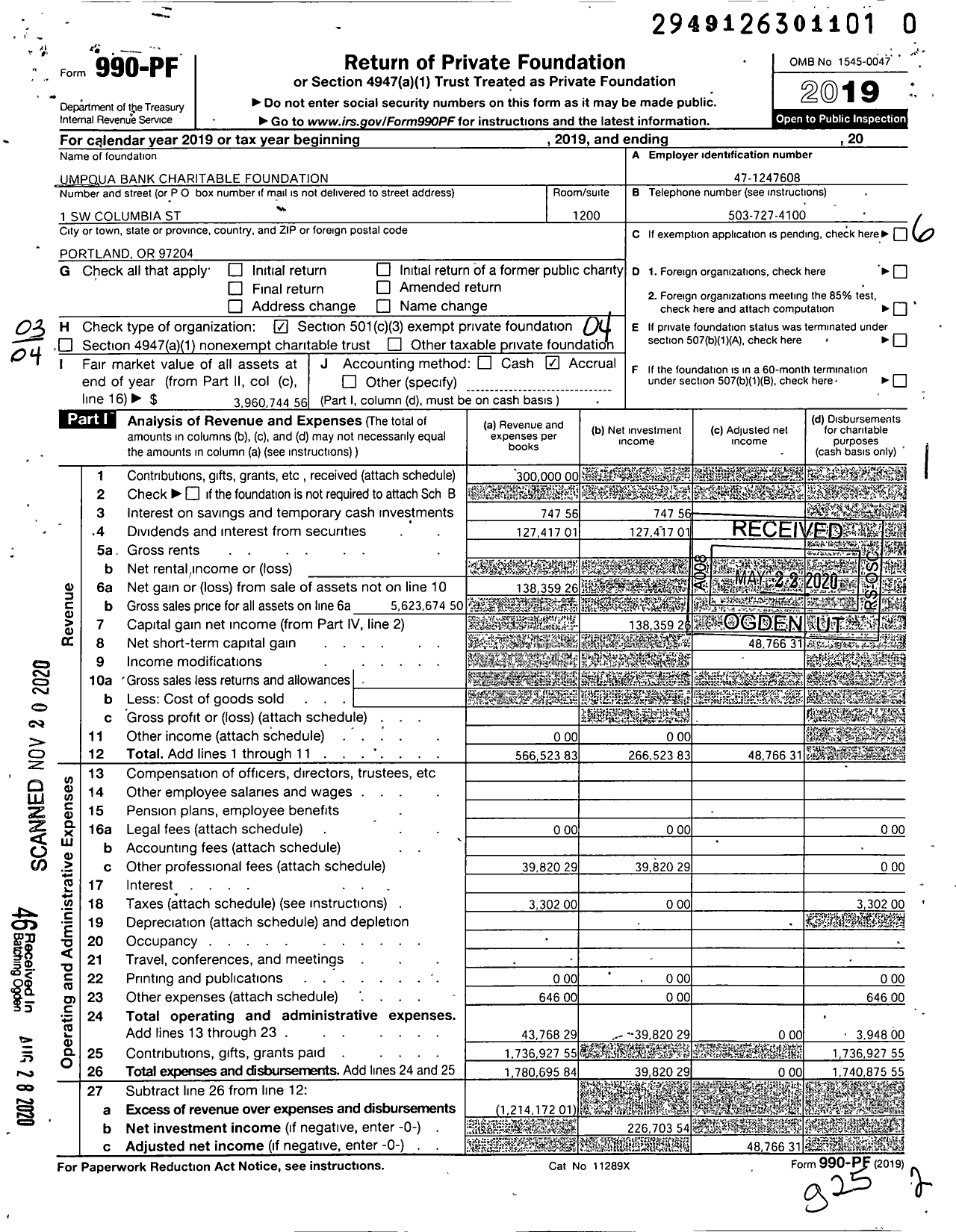 Image of first page of 2019 Form 990PF for Umpqua Bank Charitable Foundation