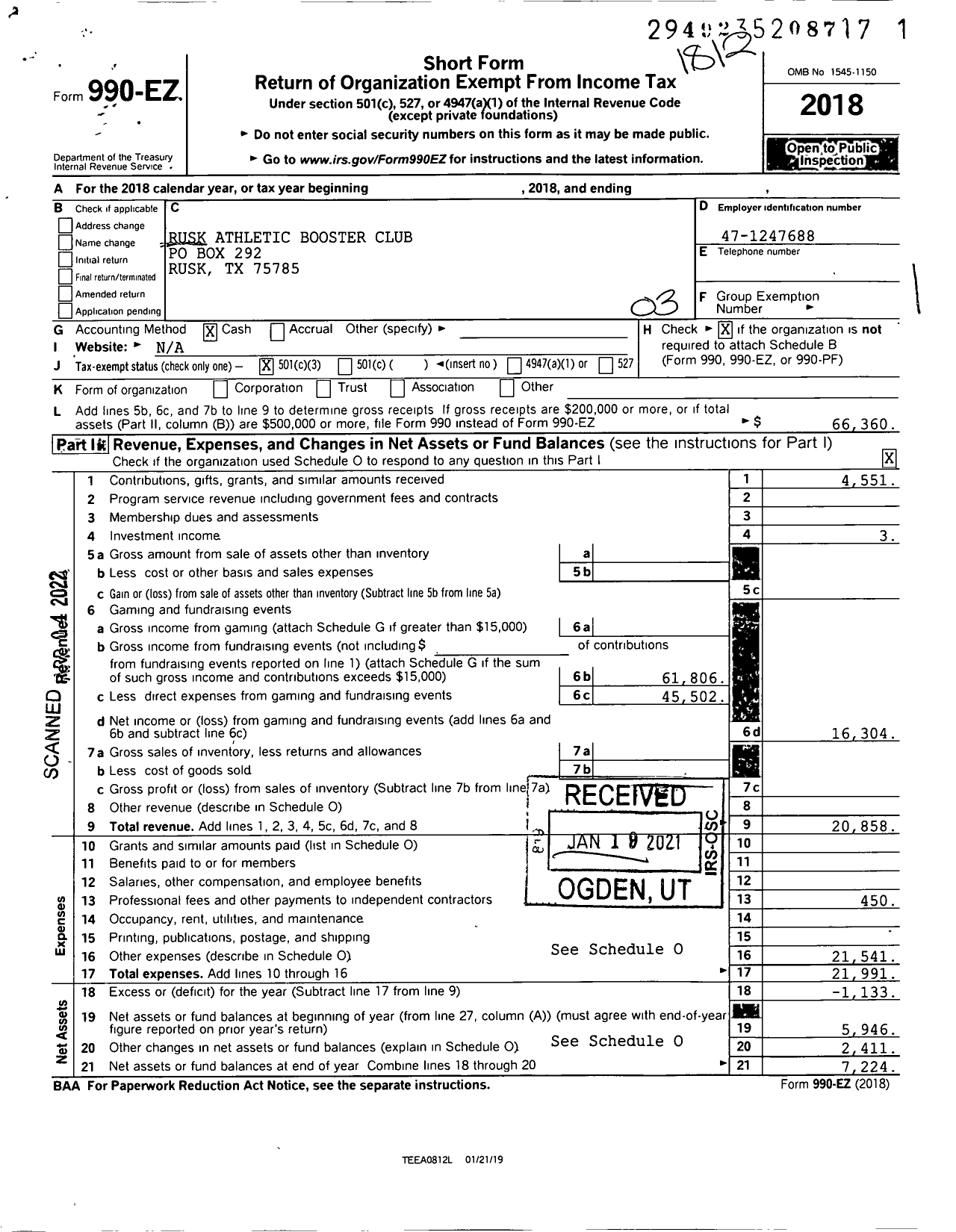 Image of first page of 2018 Form 990EZ for Rusk Athletic Booster Club