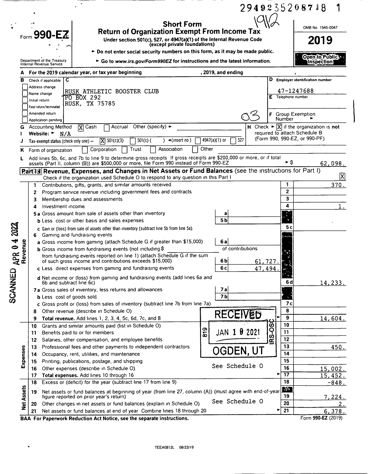 Image of first page of 2019 Form 990EZ for Rusk Athletic Booster Club