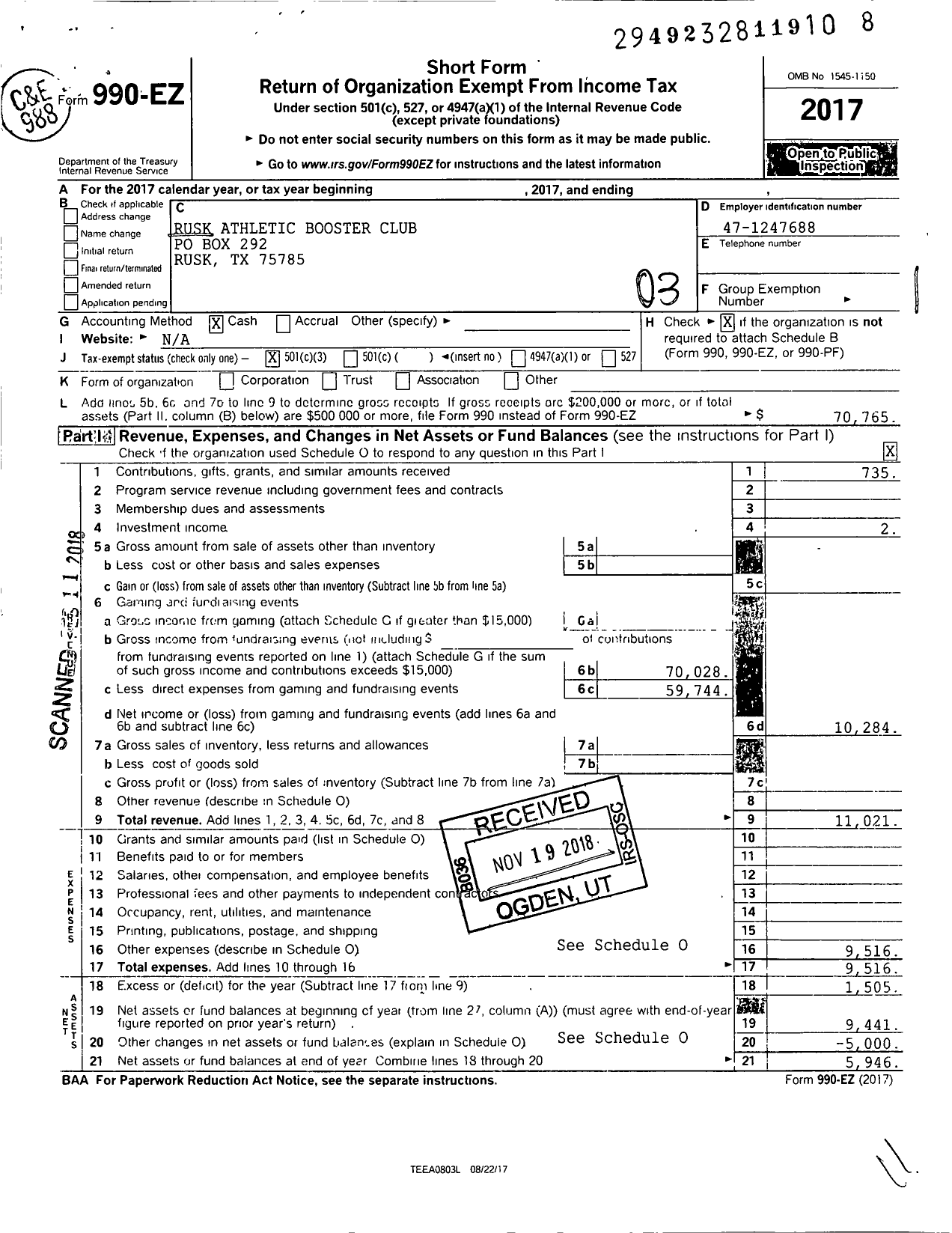 Image of first page of 2017 Form 990EZ for Rusk Athletic Booster Club