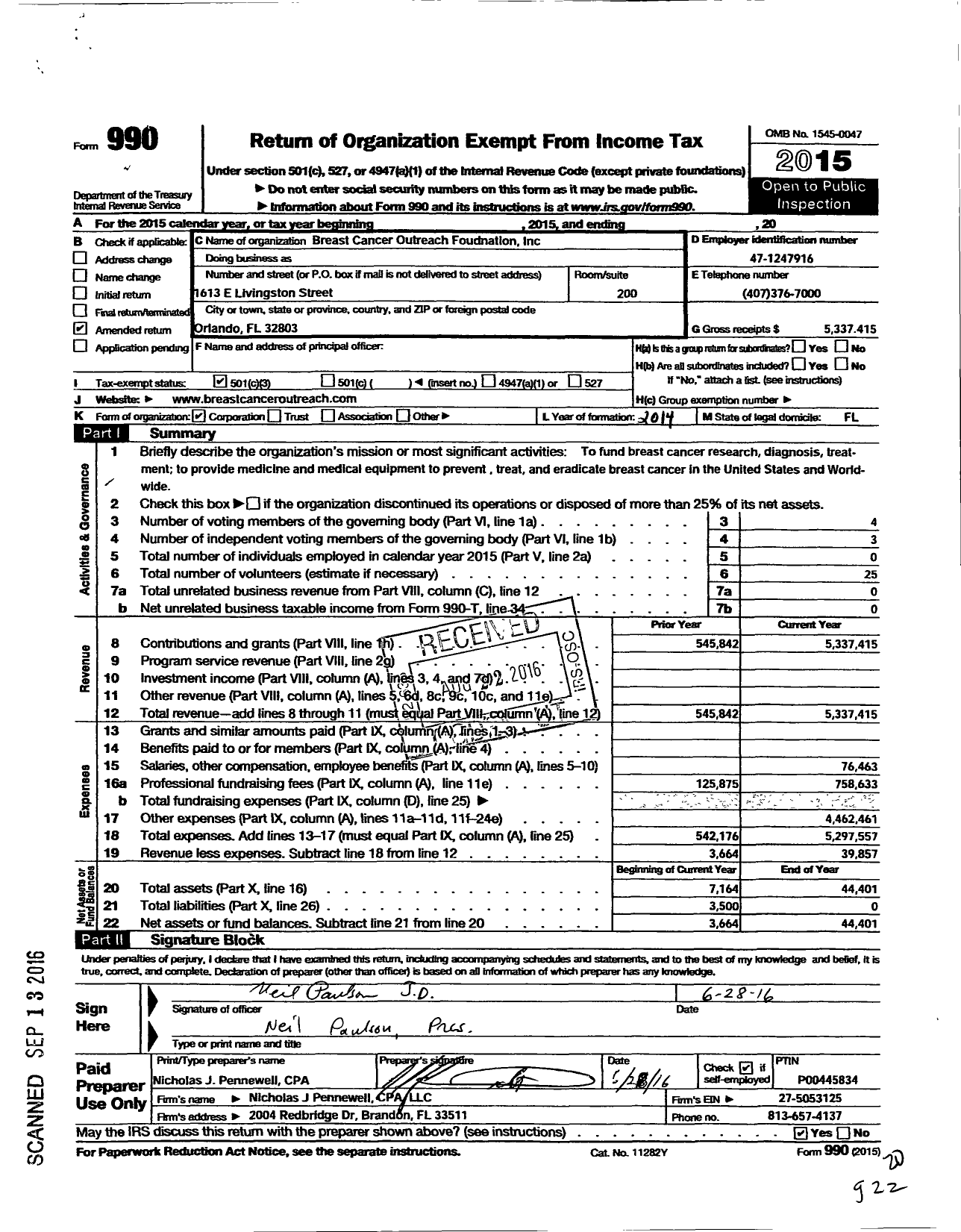 Image of first page of 2015 Form 990 for Breast Cancer Outreach Foundation