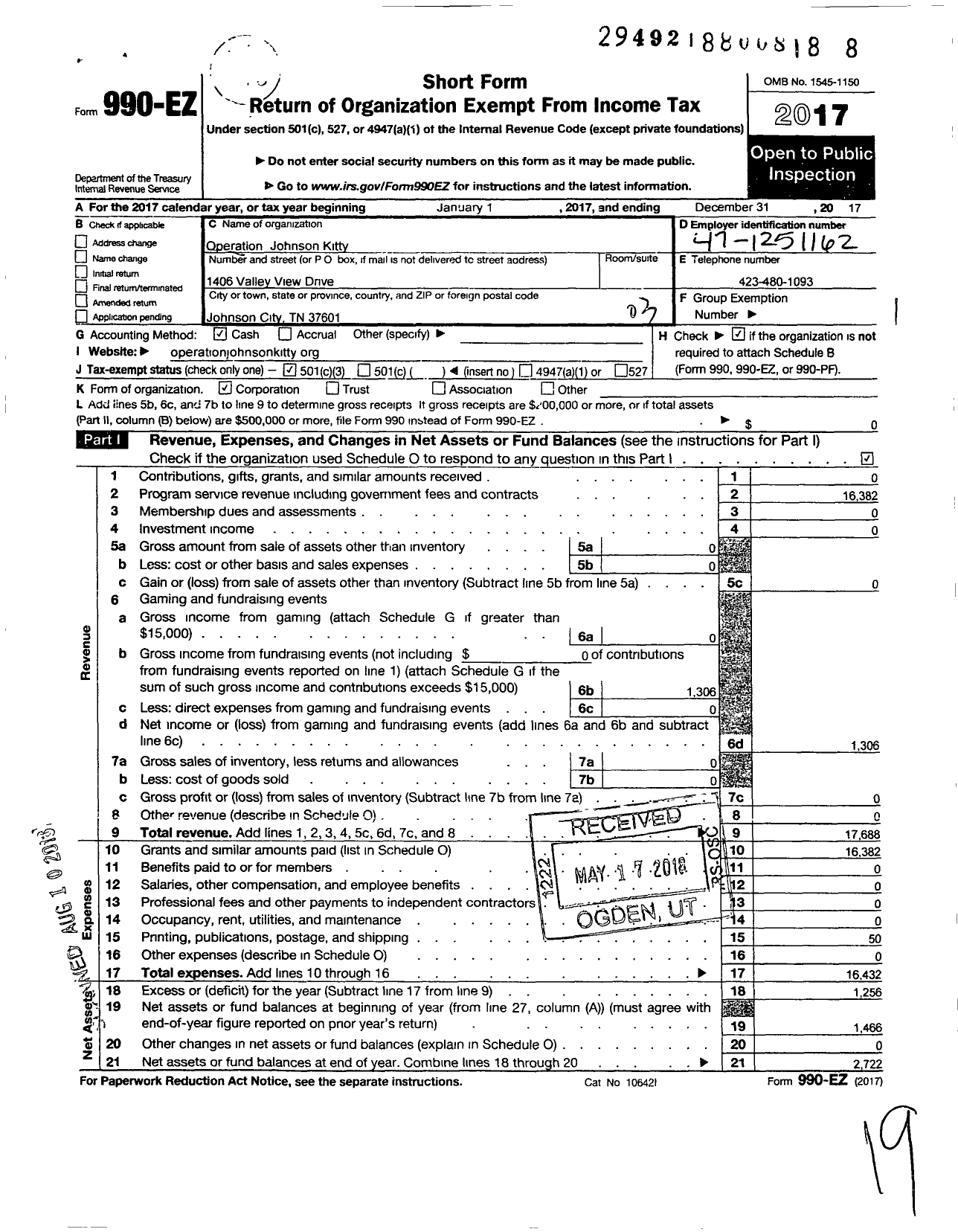 Image of first page of 2017 Form 990EZ for Operation Johnson Kitty