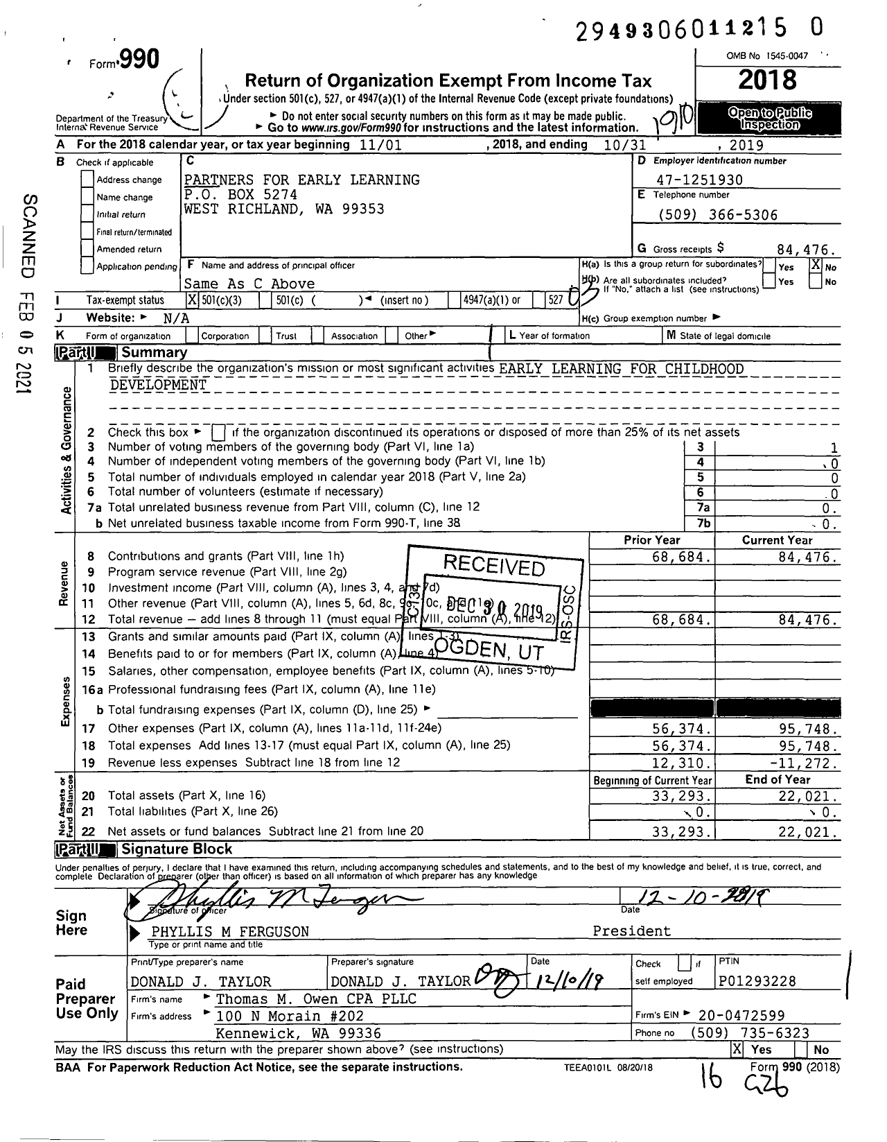 Image of first page of 2018 Form 990 for Partners for Early Learning