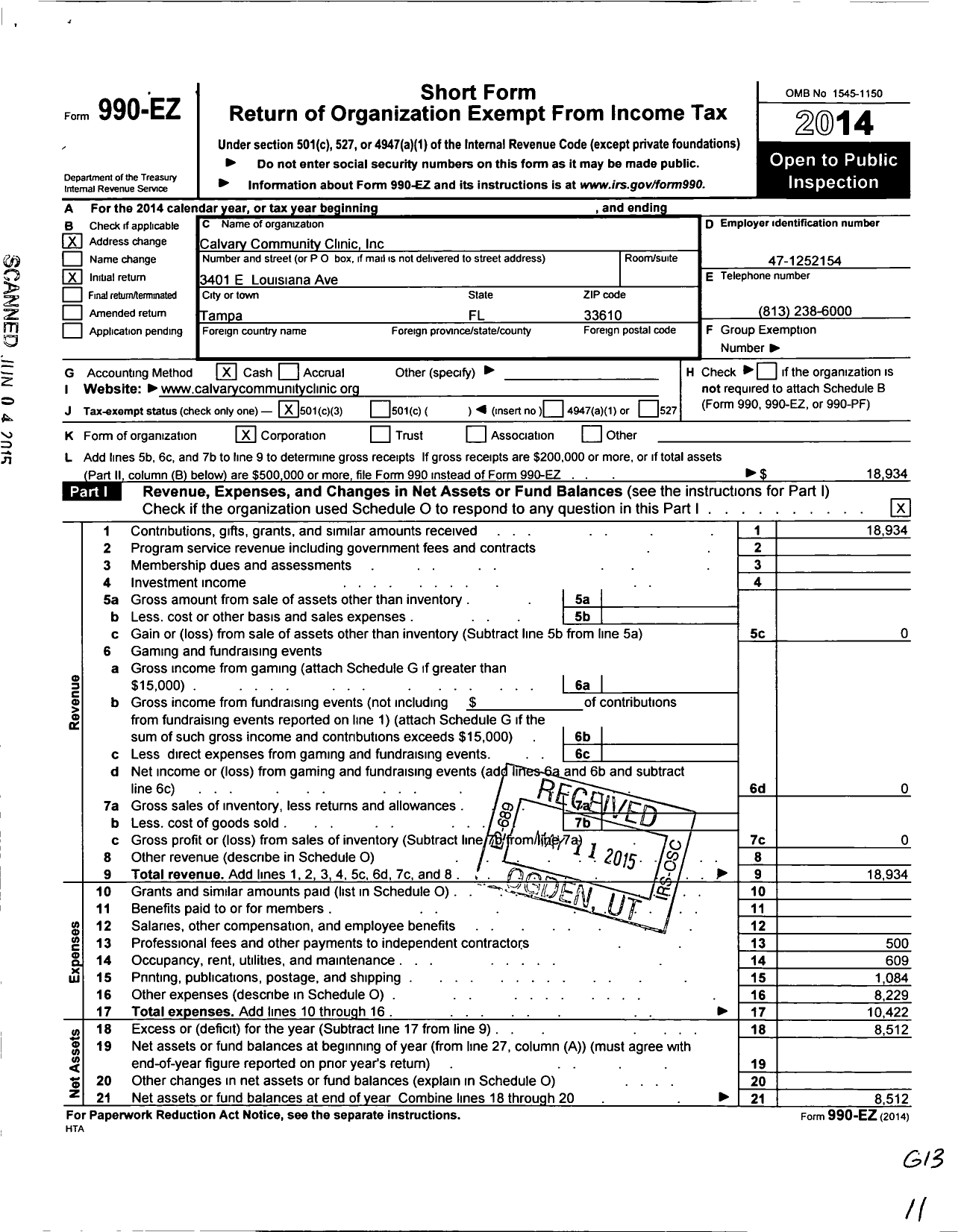 Image of first page of 2014 Form 990EZ for Calvary Community Clinic