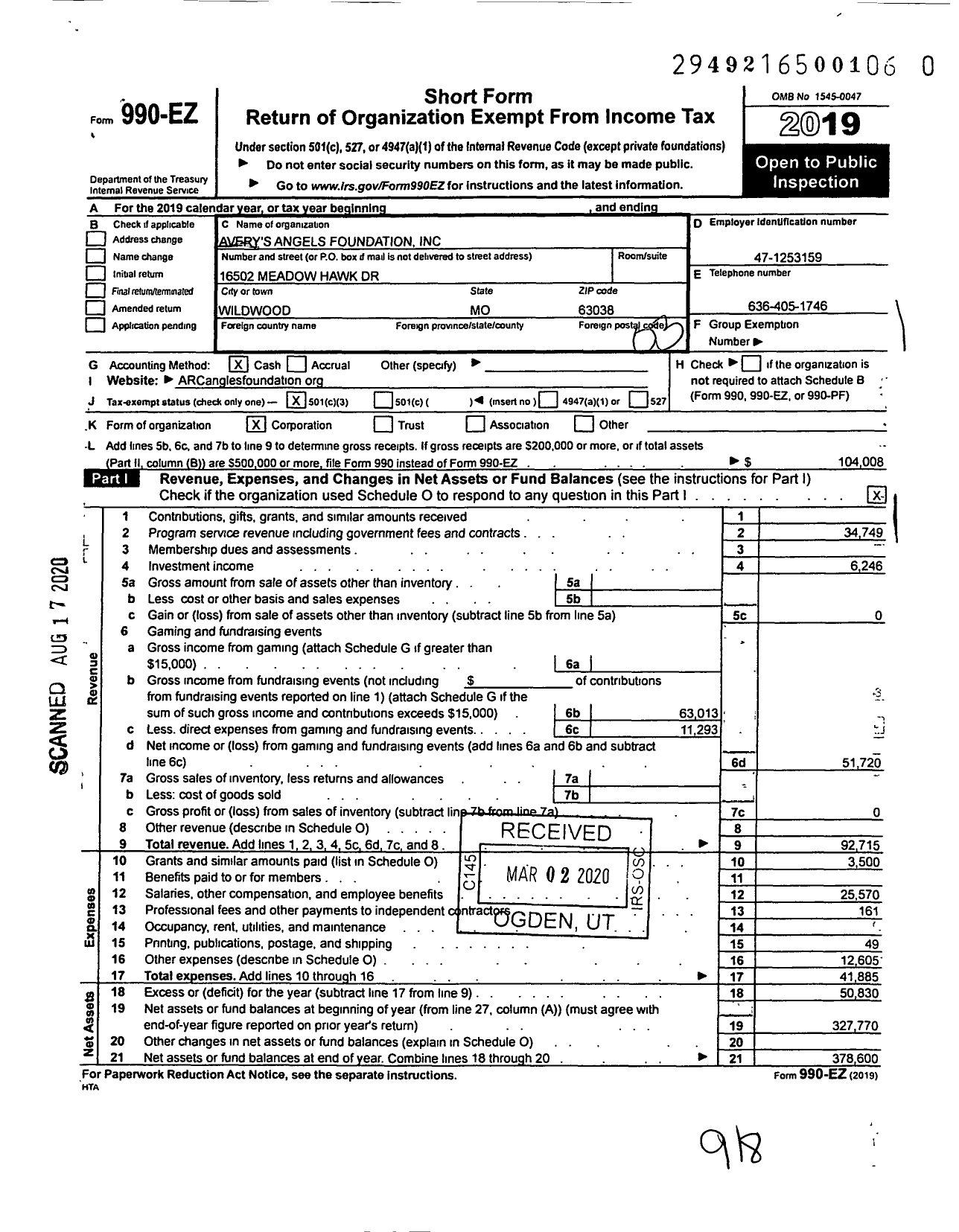 Image of first page of 2019 Form 990EZ for Avery's Angels Foundation